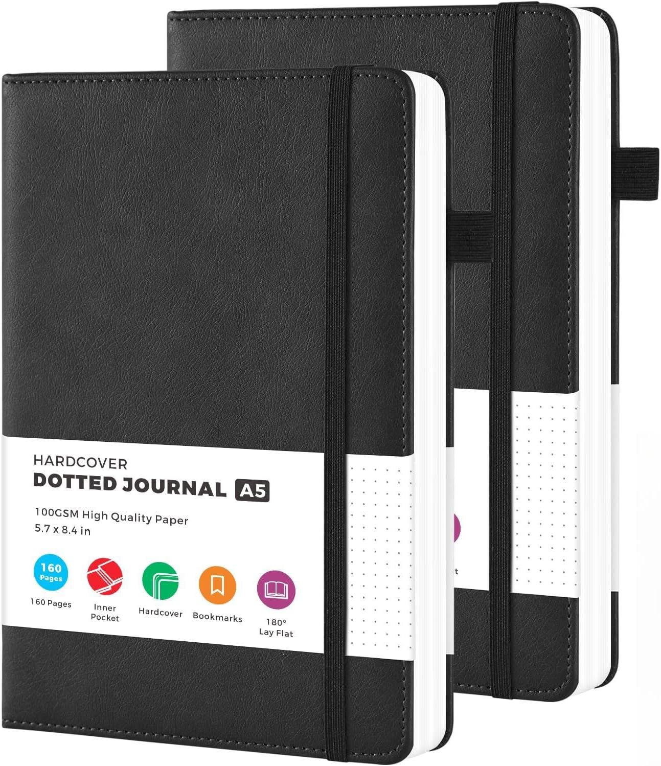 2 Pack Bullet Dotted Journal Notebook, A5 Dot Grid Notebook Journaling Supplies for Women/Men Work Writing, 100GSM Thick Paper, No Bleed, Inner Pocket, Black Leather Hardcover, 5.7" x 8.4"