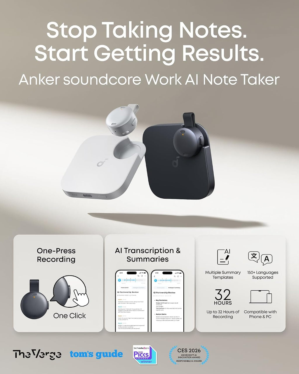 Work by Anker, Portable AI Voice Recorder, AI Note Taker, AI Transcription & Summarization, Cross-Meeting Summary, Double-Tap to Mark, MFi Certified, Privacy Protection