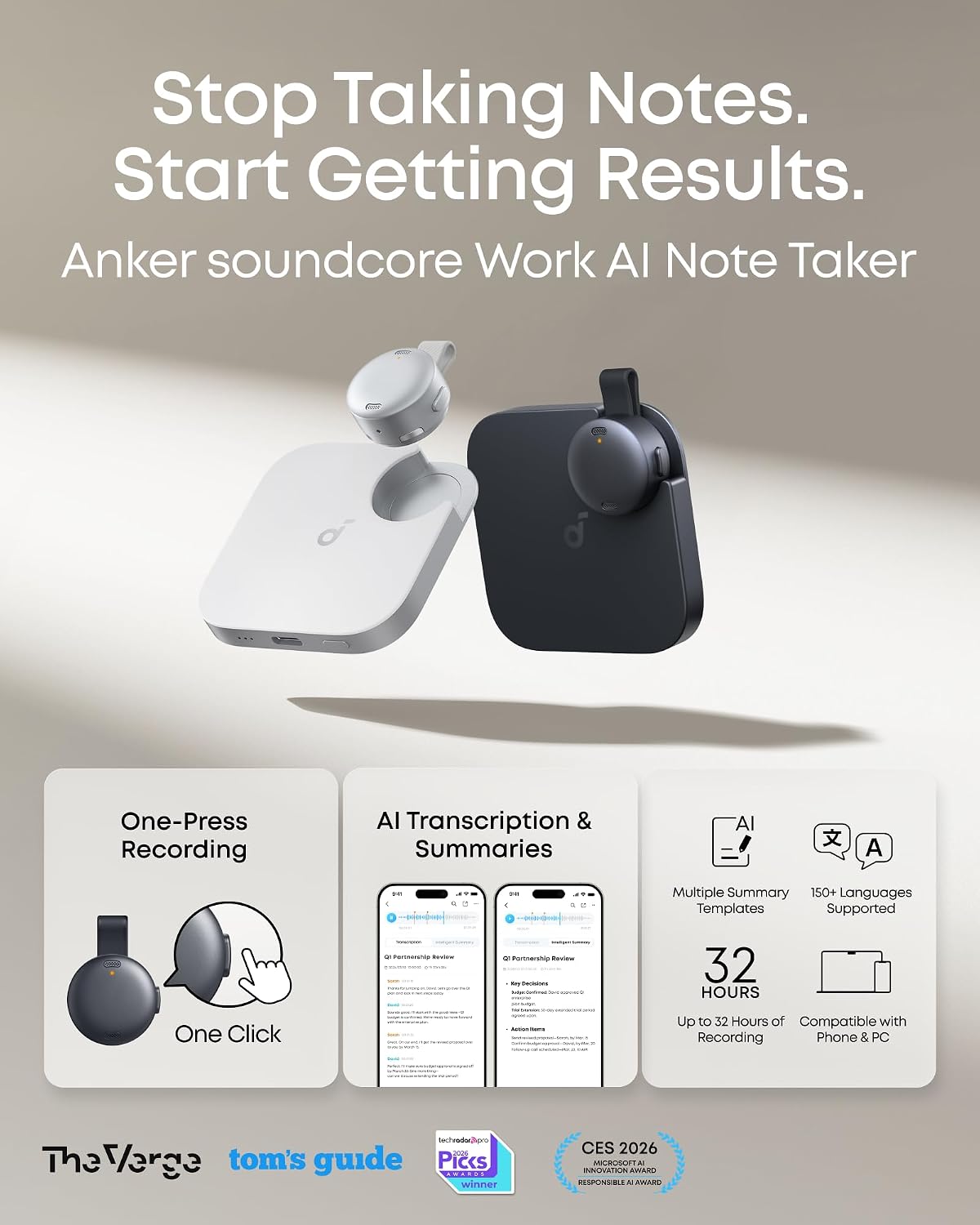 Work by Anker, Portable AI Voice Recorder, AI Note Taker, AI Transcription & Summarization, Cross-Meeting Summary, Double-Tap to Mark, MFi Certified, Privacy Protection