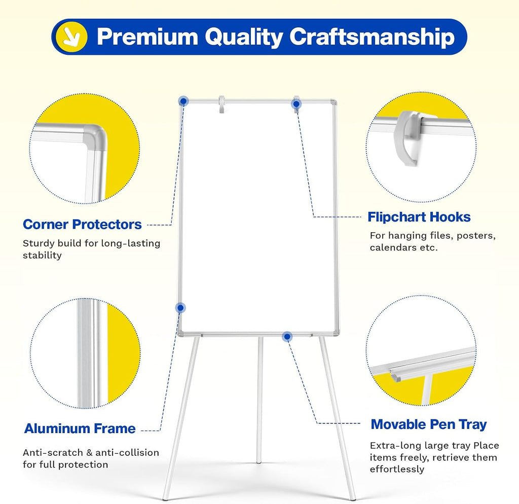 Magnetic Whiteboard Easel, 36"x24" | Height Adjustable Flipchart Easel with Stand, Large Aluminium Frame White Board for Office or Teaching at Home & Classroom