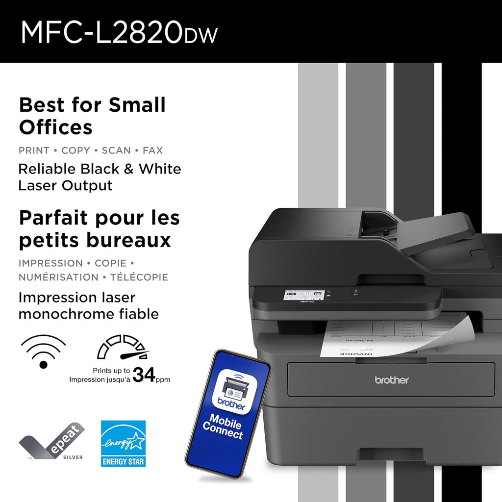 MFC-L2820DW Wireless Compact Monochrome All-in-One Laser Printer with Copy, Scan and Fax, Duplex, Black & White | Includes Refresh Subscription Trial(1), Works with Alexa