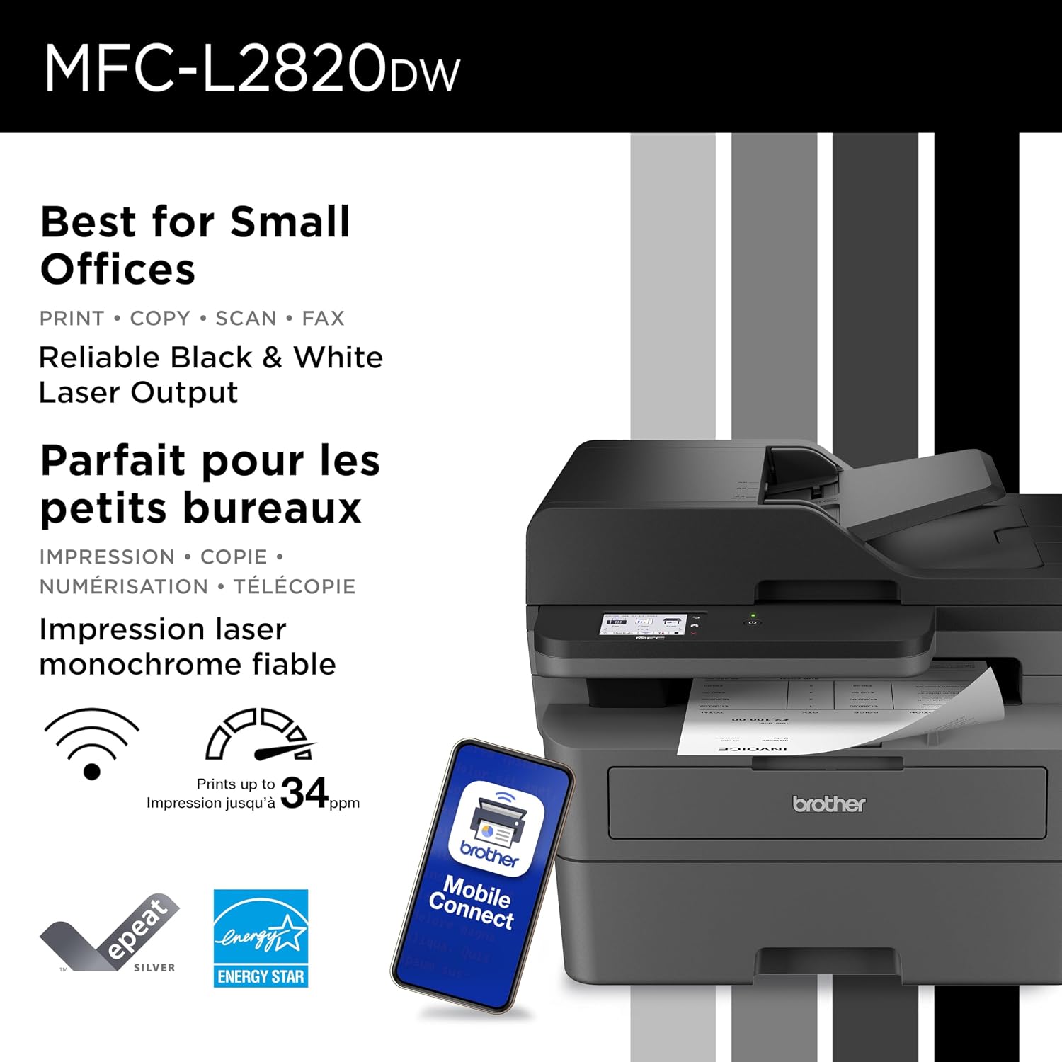 MFC-L2820DW Wireless Compact Monochrome All-in-One Laser Printer with Copy, Scan and Fax, Duplex, Black & White | Includes Refresh Subscription Trial(1), Works with Alexa