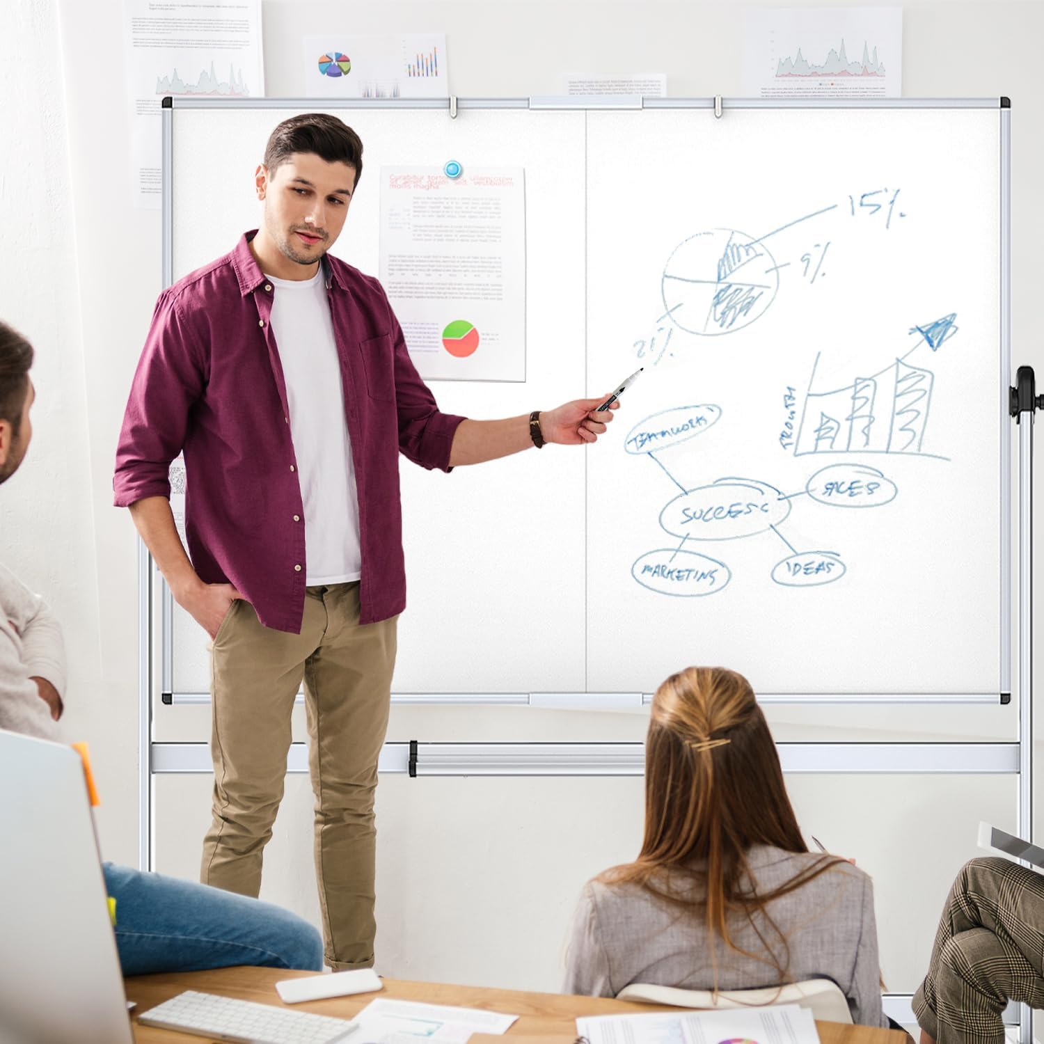 Double-Sided Mobile Whiteboard, 60 x 48 Inches, Magnetic Rolling Dry Erase White Board on Wheels with Aluminium Frame and Stand