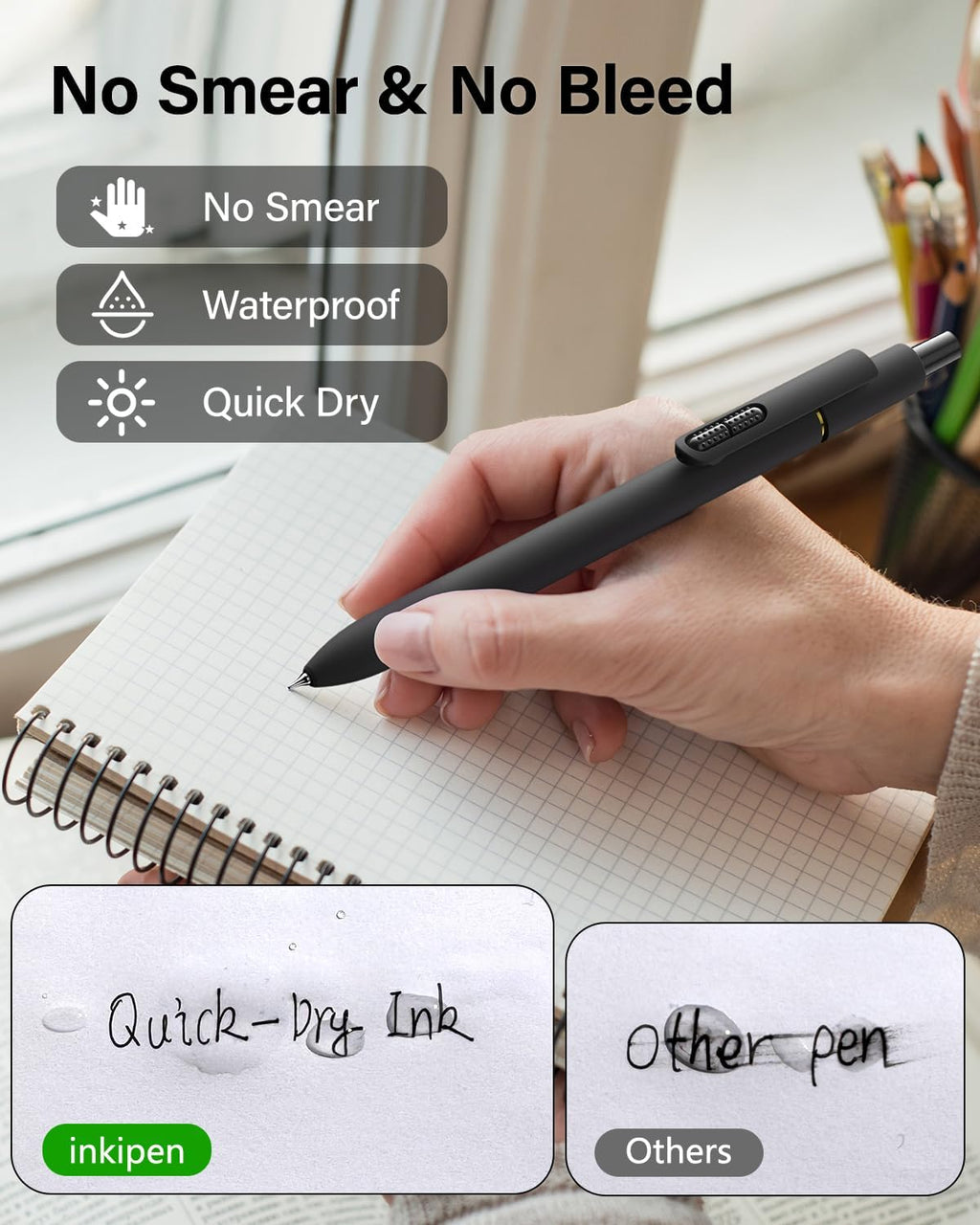 8-Pack 0.5mm Black Gel Pens, Retractable Needle Tip Non-Smear Black Quick-Drying Ink Pens, Comfort Grip for Left-Handed & Smooth Writing School, Office, Exams (Dark Black)