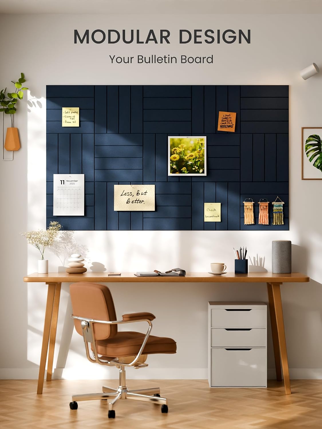 Large Felt Bulletin Board, 48" x 36" Cork Board Alternative, 12-Pack Bold Stripe Felt Wall Tiles with 30 Push Pins and 70 Adhesive Tabs, Ideal for Office, Home & Classroom, Carbon Blue