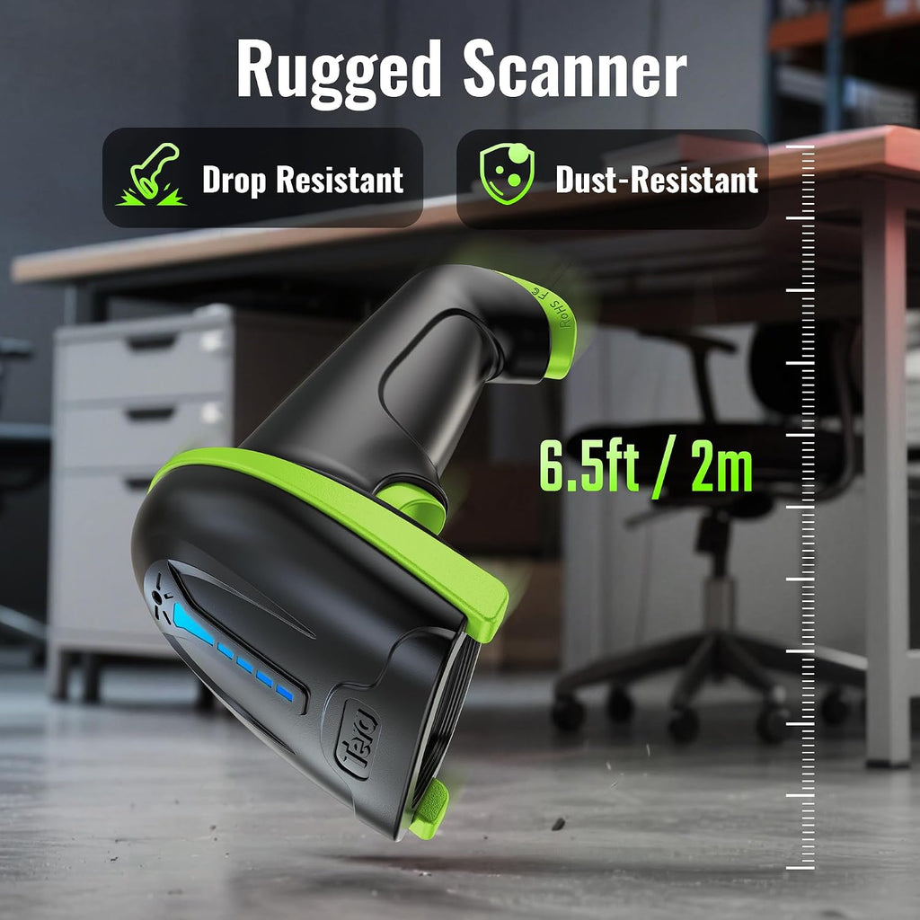 Barcode Scanner Wireless Versatile 2-in-1 (2.4Ghz Wireless+USB 2.0 Wired) with Battery Level Indicator 328 Feet Transmission Distance Rechargeable 1D Laser Bar Code Reader USB Handheld (Green)