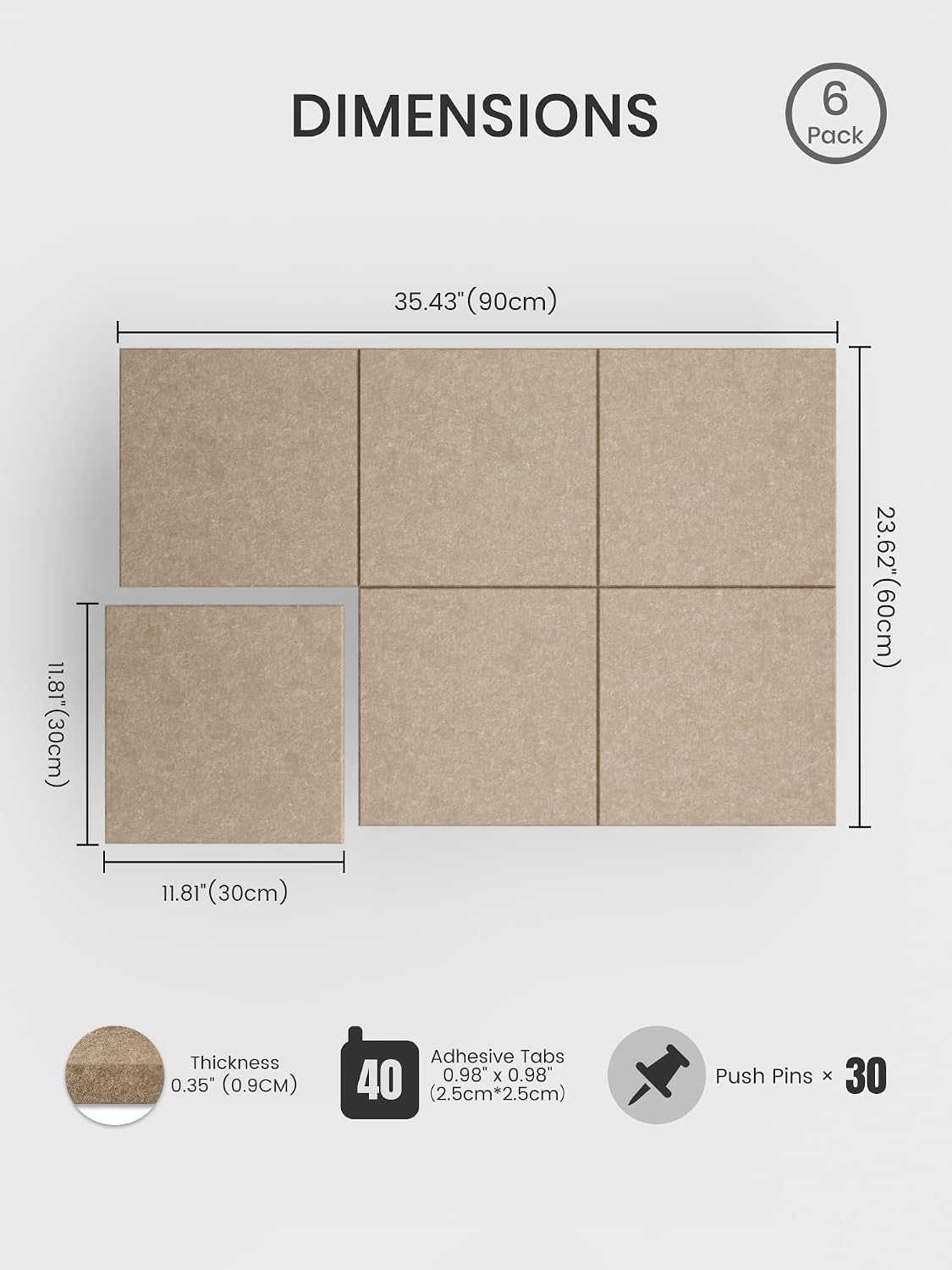 Large Felt Bulletin Board, 36" x 24" Cork Board Alternative, 6-Pack Solid Felt Wall Tiles with 30 Push Pins and 40 Adhesive Tabs, Ideal for Office, Home & Classroom, Taupe