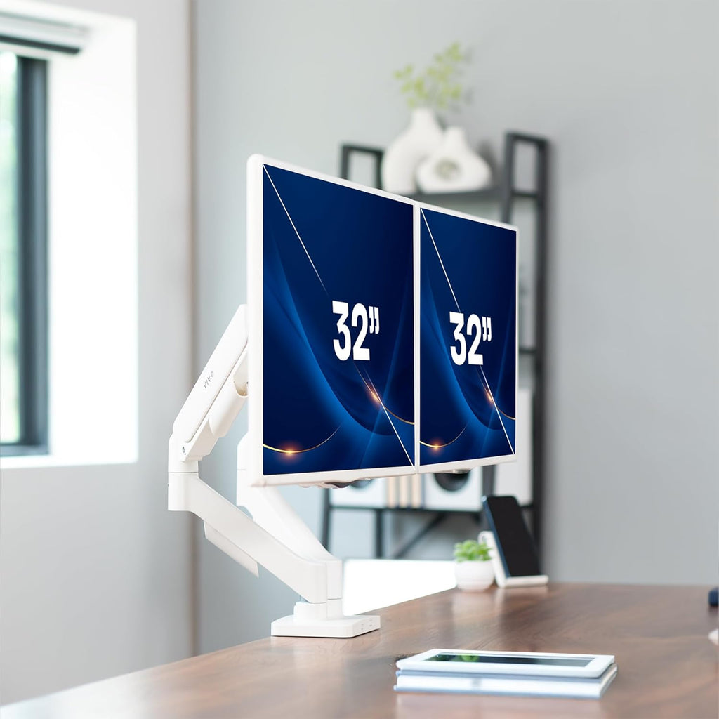 Dual Monitor Stand, Fully Adjustable Arms for 17 to 32 inch Screens, Mechanical Articulating Desk Mount, Gaming and Office Setups, VESA 75x75, 100x100, Max 19.8 lbs, Classic, White, STAND-V002OW