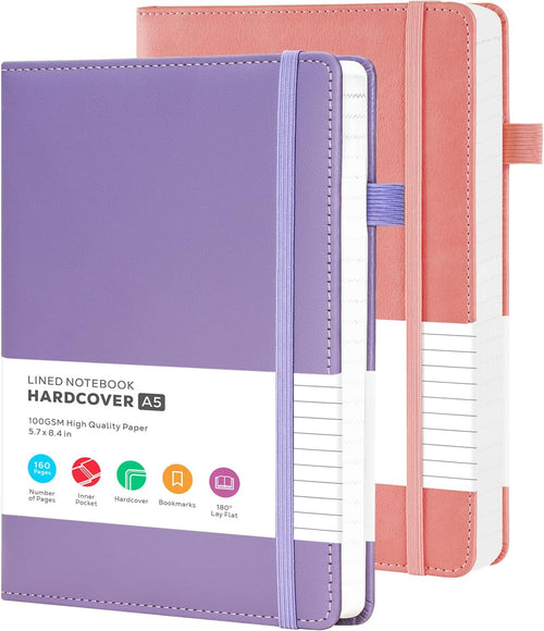 2 Pack A5 Notebook Journals for Women, A5 Leather Notepad Hardback with 100GSM Lined Paper, No Bleed, Inner Pocket, Note Book for Office School Supplies, 14.5 x 21.3 cm