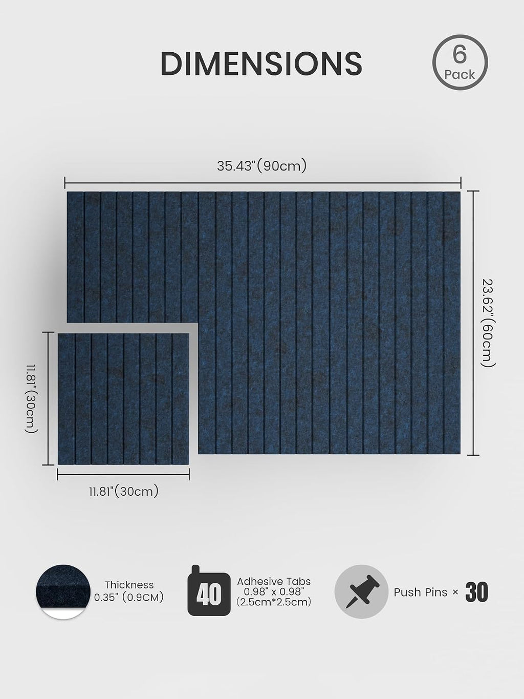 Large Felt Bulletin Board, 36" x 24" Cork Board Alternative, 6-Pack Fine Stripe Felt Wall Tiles with 30 Push Pins and 40 Adhesive Tabs, Ideal for Office, Home & Classroom, Carbon Blue