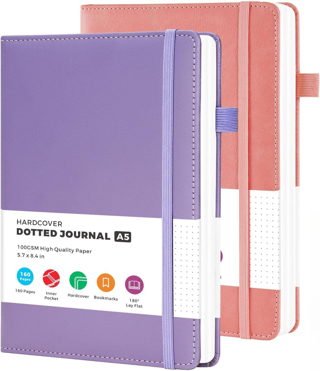 2 Pack Bullet Dotted Notebook Journals for Women, A5 Leather Journal Note Book with 100 GSM Dot Grid Paper, Pink & Purple Notebooks for Writing Work, Office School Supplies, 5.7"x8.4"