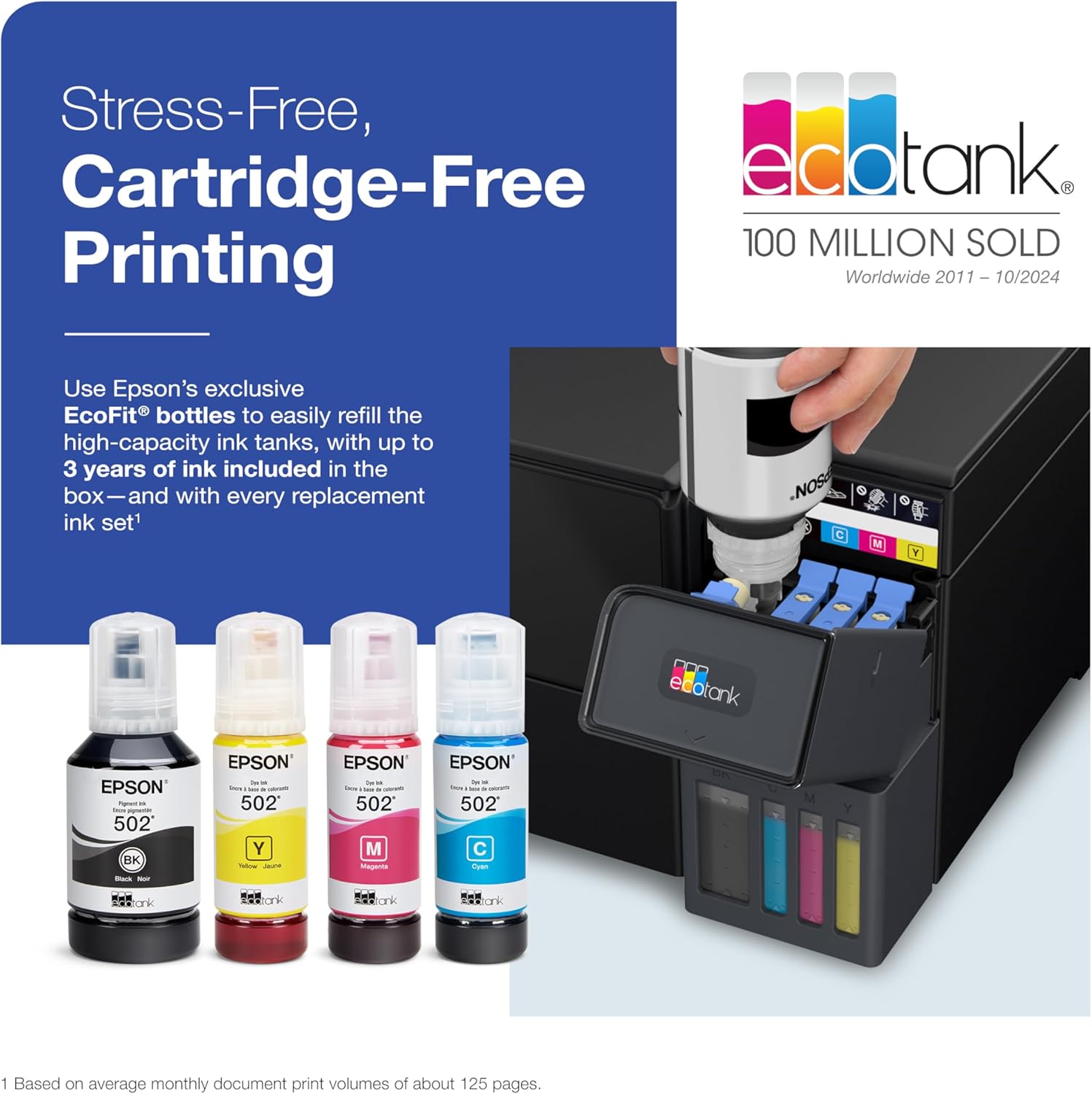 EcoTank ET-2980 Wireless All-in-One Color Supertank Printer with up to 3 Years of Ink Refillable Tanks, Perfect for Home, 15 PPM, 1.44" Colorful Screen, Auto 2-Sided Printing - Black
