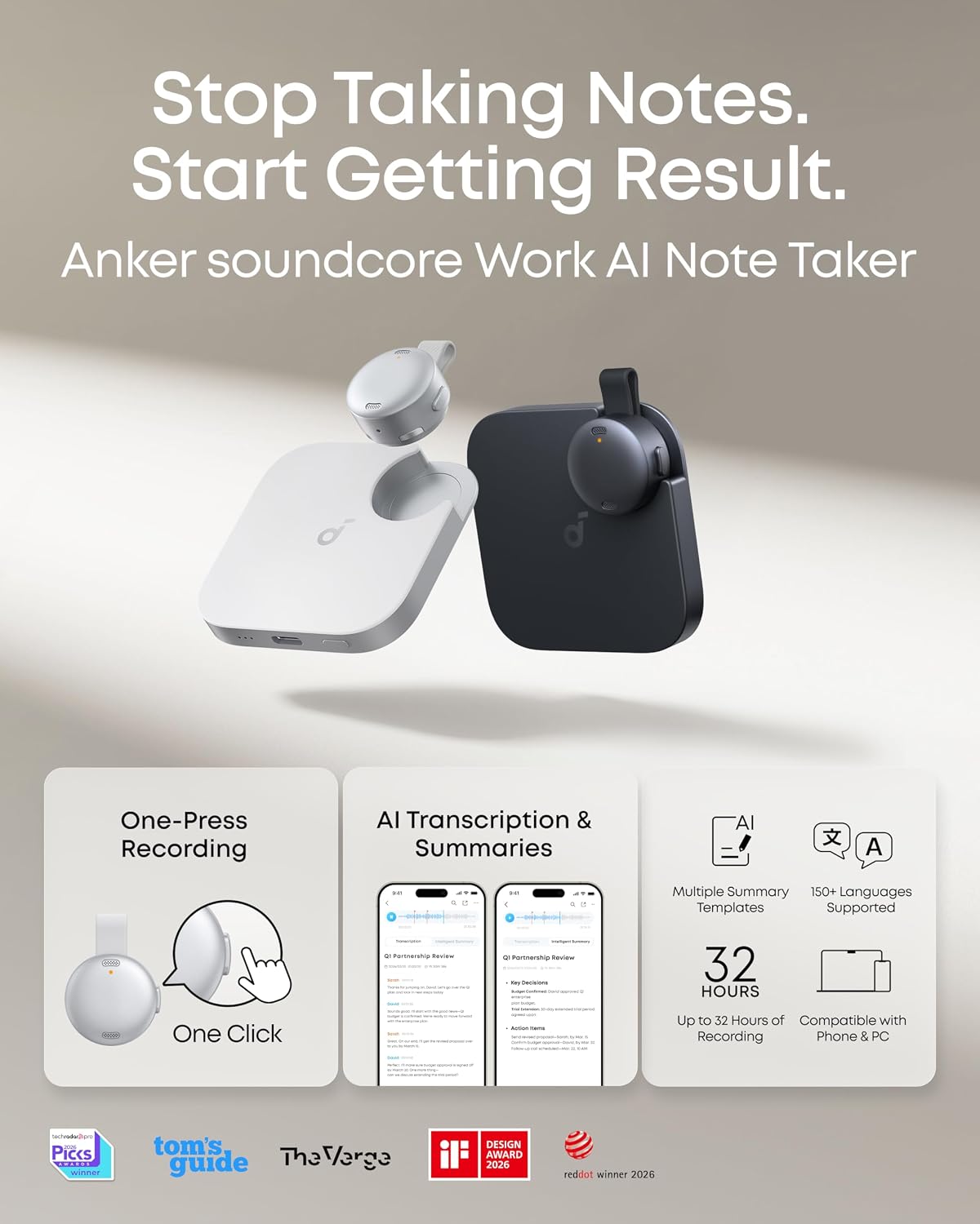 Work by Anker, Portable Al Voice Recorder, AI Note Taker, AI Transcription & Summarization, Cross-Meeting Summary, Double-Tap to Mark, MFi Certified, Privacy Protection