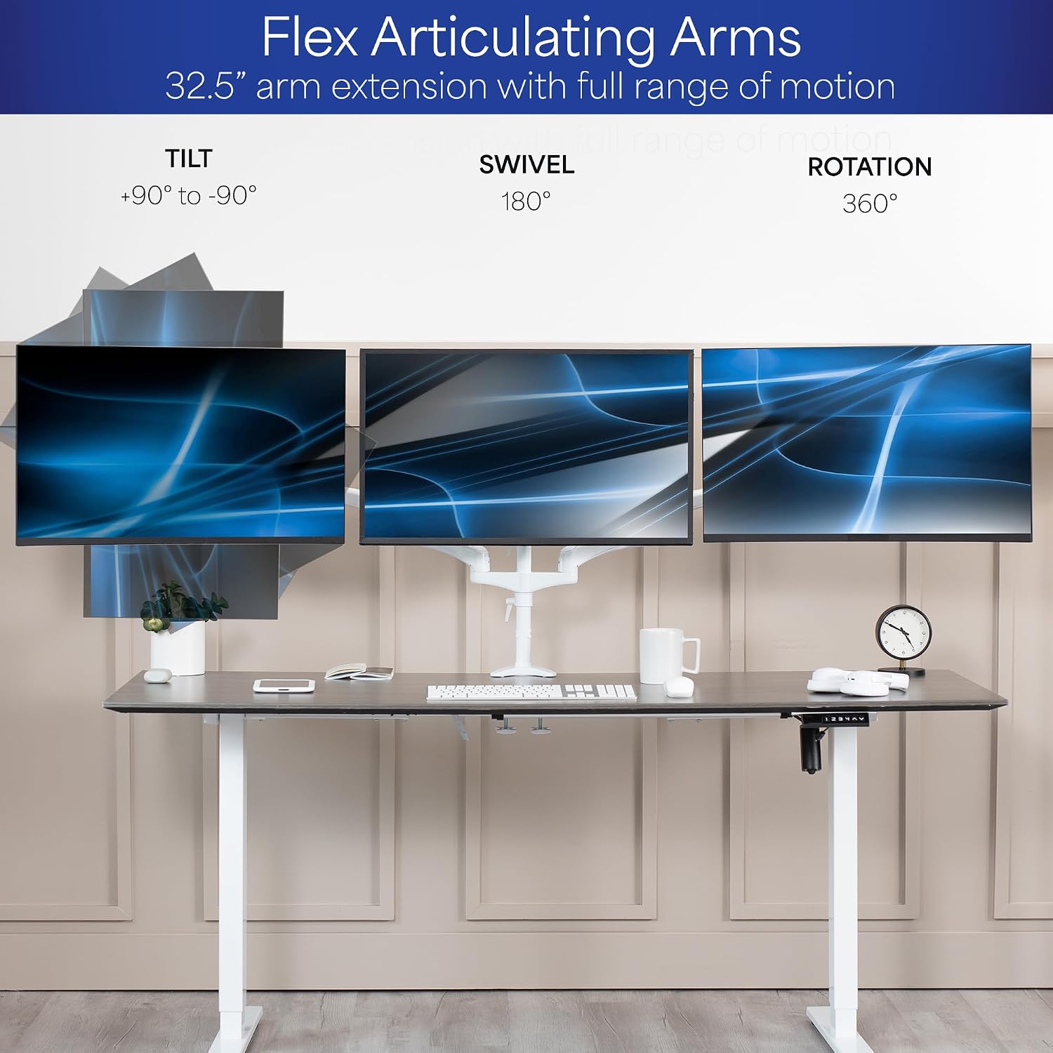 White Triple Monitor Mount, 2 Pneumatic Arms + 1 Fixed, 3 Screens up to 32"