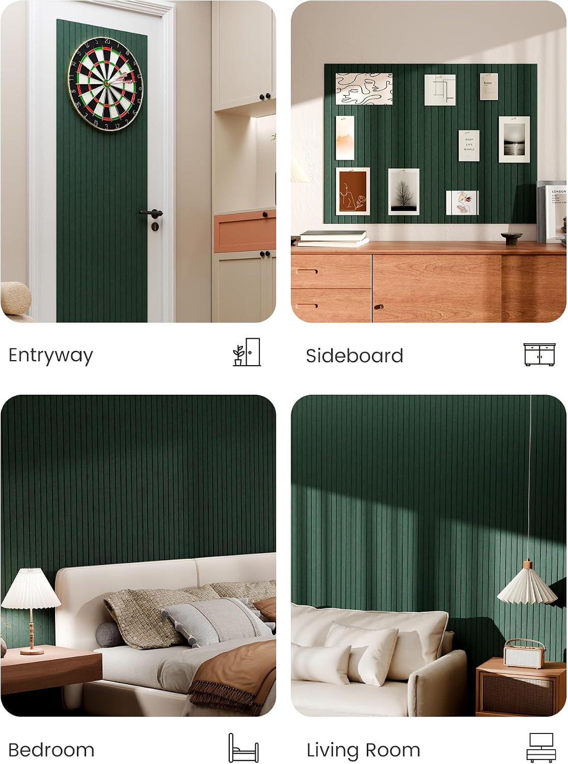 Large Felt Bulletin Board, 48" x 36" Cork Board Alternative, 12-Pack Fine Stripe Felt Wall Tiles with 30 Push Pins and 70 Adhesive Tabs, Ideal for Office, Home & Classroom, Pine Green