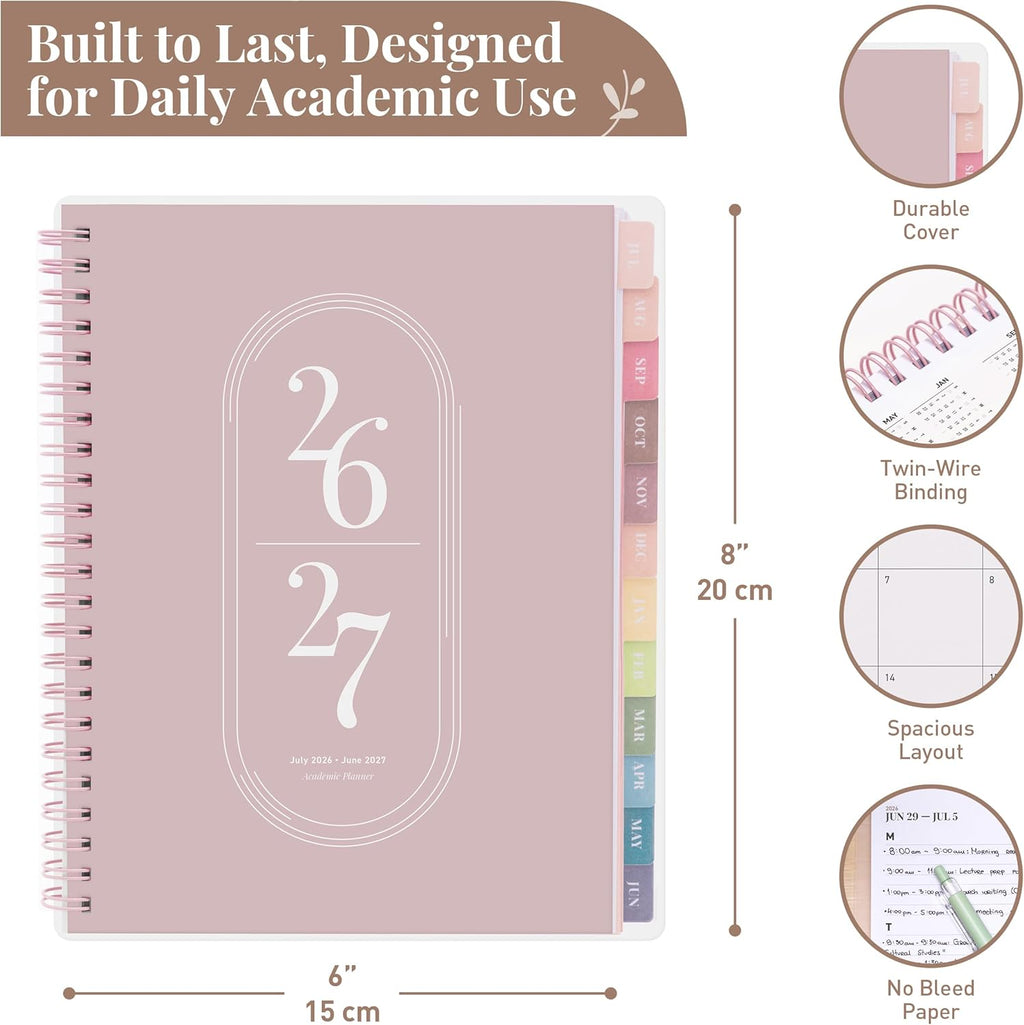 Rileys Academic Planner 2026-2027, Daily, Weekly & Monthly Planner, July 2026 - June 2027, Student Notes Pages, Twin-Wire Binding Weekly Agenda for School & Work (20 x 15 cm, Pink)