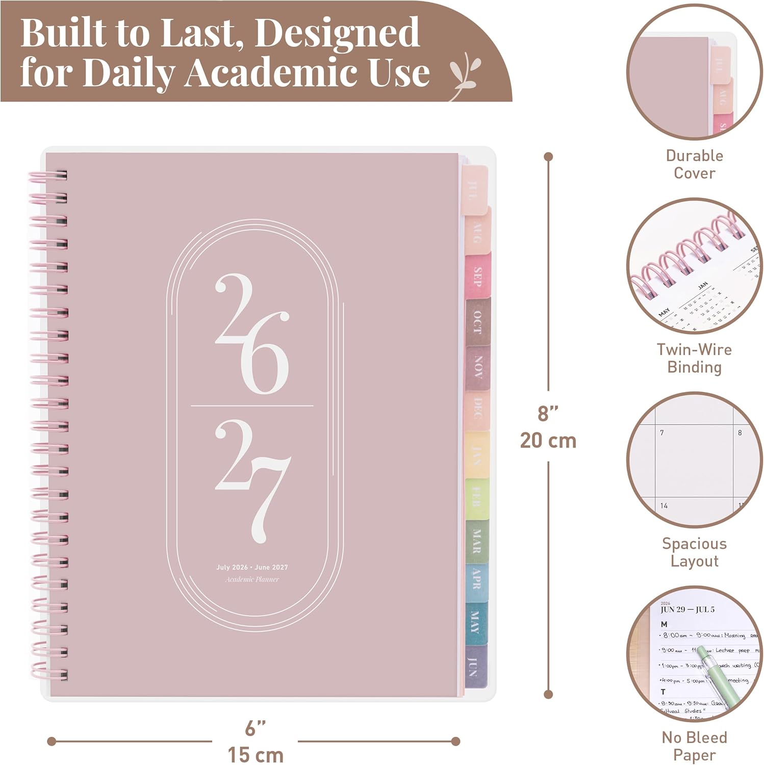 Rileys Academic Planner 2026-2027, Daily, Weekly & Monthly Planner, July 2026 - June 2027, Student Notes Pages, Twin-Wire Binding Weekly Agenda for School & Work (20 x 15 cm, Pink)