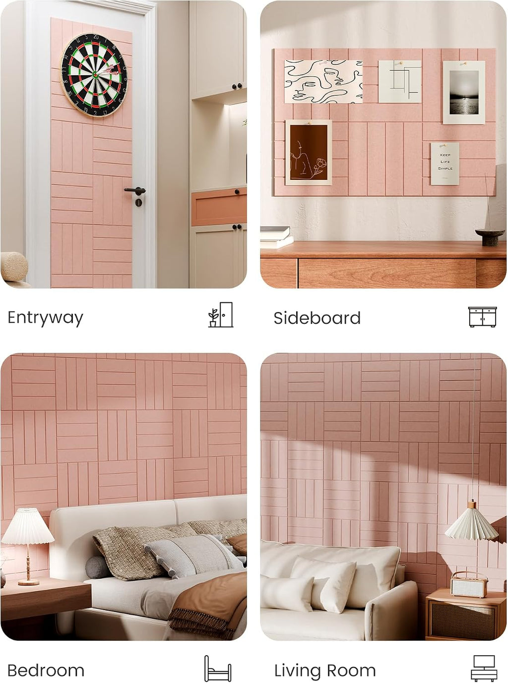 Large Felt Bulletin Board, Cork Board Alternative, Felt Wall Tiles with 30 Push Pins and Adhesive Tabs, Ideal for Office, Home & Classroom Decor, 6-Pack Bold Stripe-Pink