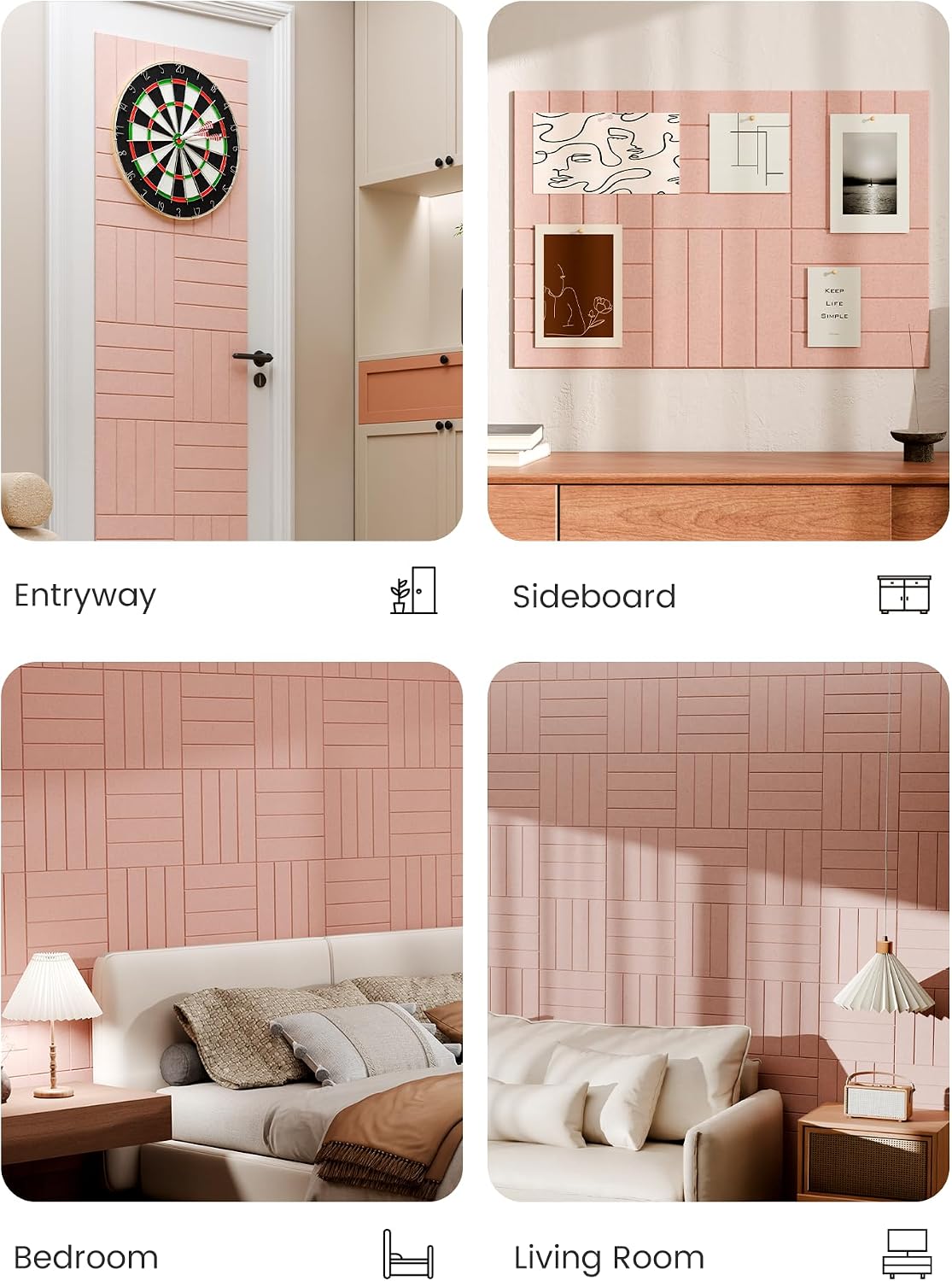 Large Felt Bulletin Board, Cork Board Alternative, Felt Wall Tiles with 30 Push Pins and Adhesive Tabs, Ideal for Office, Home & Classroom Decor, 6-Pack Bold Stripe-Pink