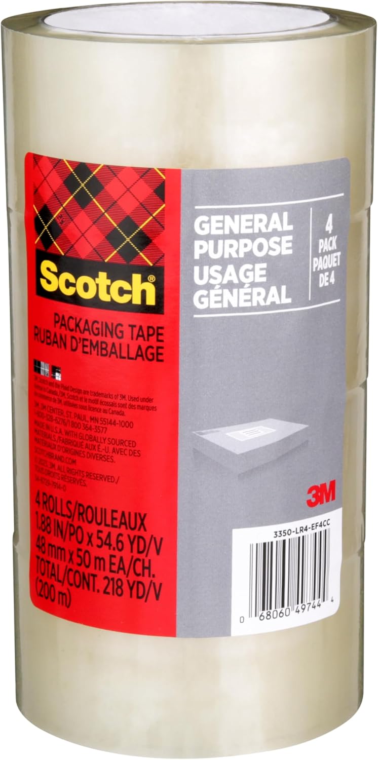 Shipping and Packaging Tape, 48 mm X 50 m, 4-Pack, Packing Tape for Moving and Storage