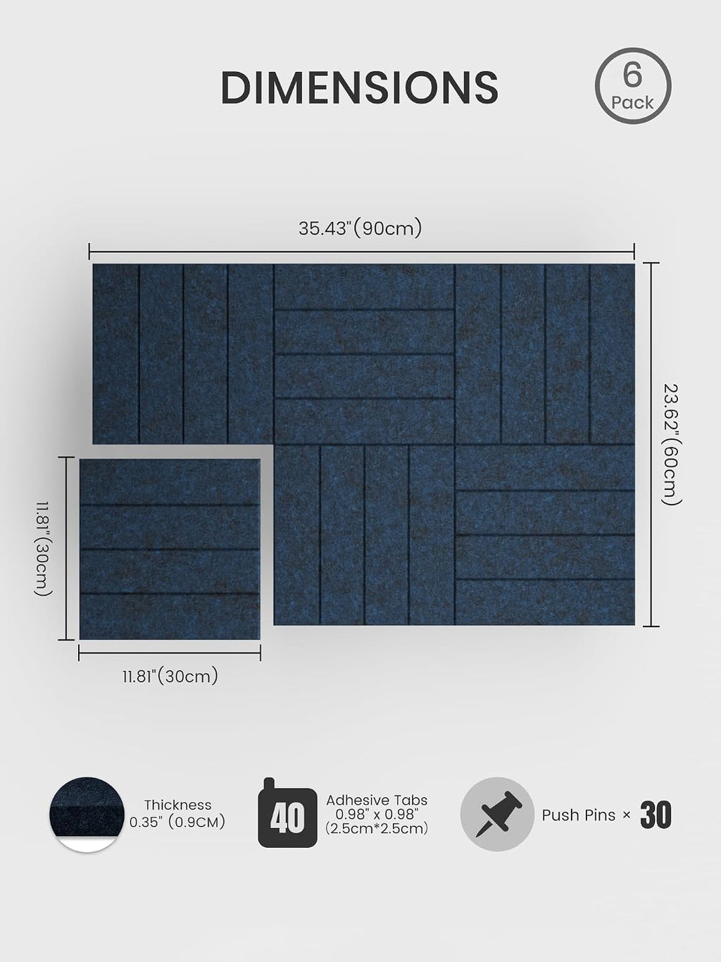 Large Felt Bulletin Board, 36" x 24" Cork Board Alternative, 6-Pack Bold Stripe Felt Wall Tiles with 30 Push Pins and 40 Adhesive Tabs, Ideal for Office, Home & Classroom, Carbon Blue