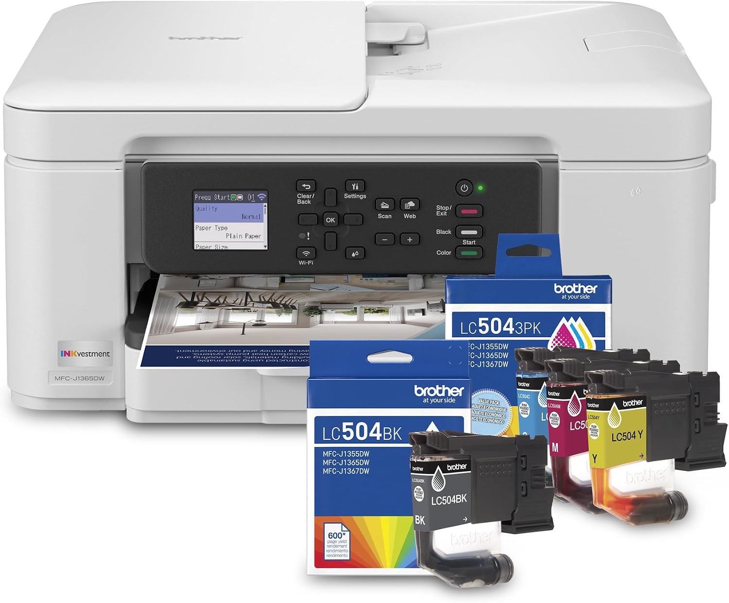 MFCJ1365DW Inkvestment Inkjet Printer with LC504BKS Black Standard Yield Ink and LC5043PKS Standard Yield Colour Inks 3-Pack (C, M, & Y)