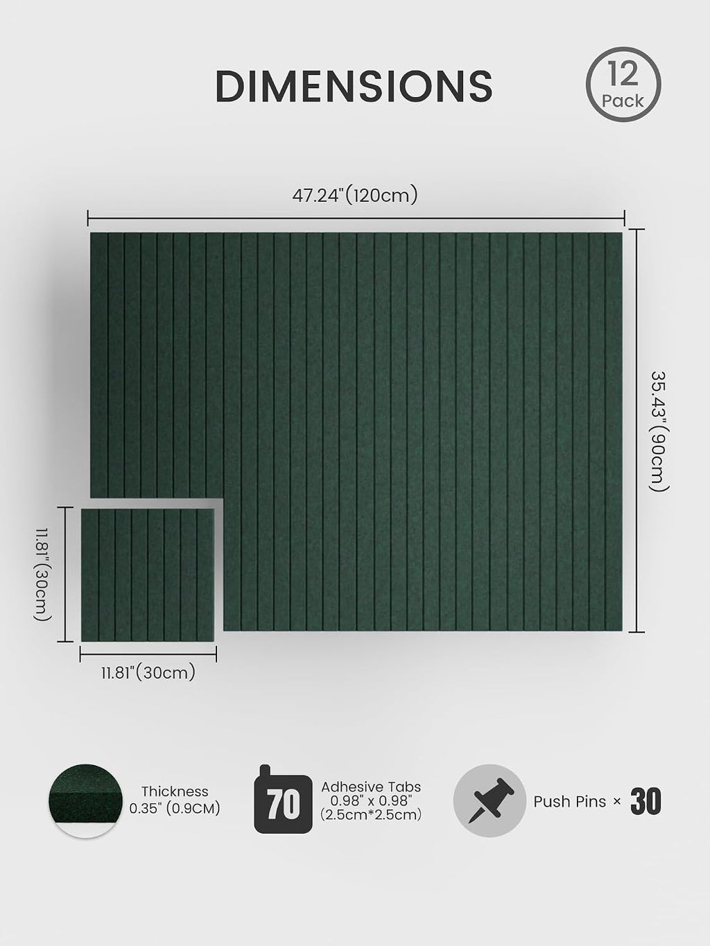 Large Felt Bulletin Board, 48" x 36" Cork Board Alternative, 12-Pack Fine Stripe Felt Wall Tiles with 30 Push Pins and 70 Adhesive Tabs, Ideal for Office, Home & Classroom, Pine Green