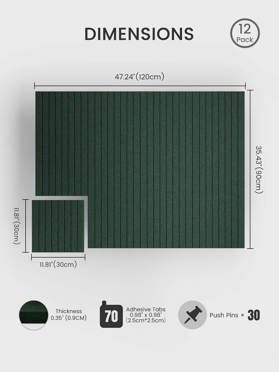 Large Felt Bulletin Board, 48" x 36" Cork Board Alternative, 12-Pack Fine Stripe Felt Wall Tiles with 30 Push Pins and 70 Adhesive Tabs, Ideal for Office, Home & Classroom, Pine Green