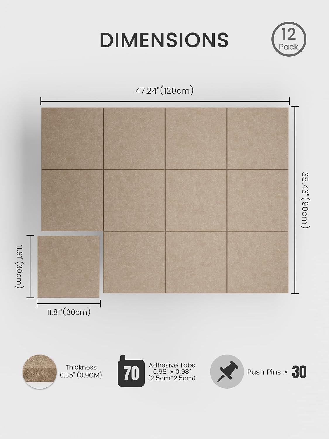 Large Felt Bulletin Board, 48" x 36" Cork Board Alternative, 12-Pack Solid Felt Wall Tiles with 30 Push Pins and 70 Adhesive Tabs, Ideal for Office, Home & Classroom, Taupe