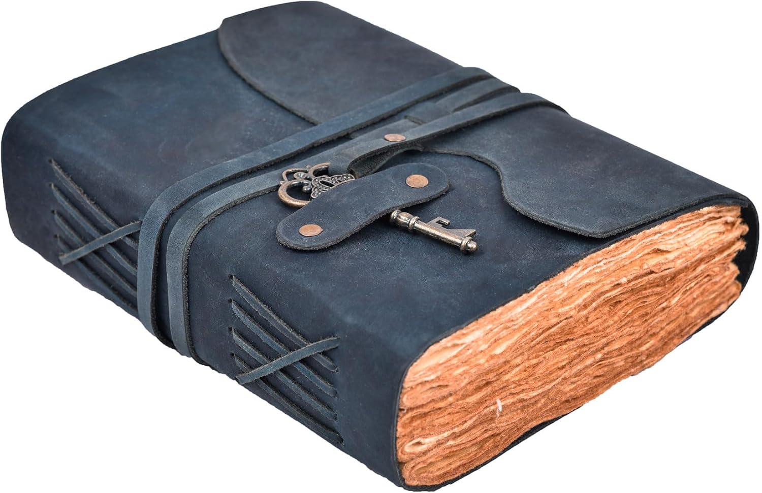 Vintage Leather Journal – 200 Handmade Watercolor Vintage Deckle Edge Paper – Leather bound Journal For Women Men – Key Lock Closure - Book of Shadows - Blue - 13X8 inches