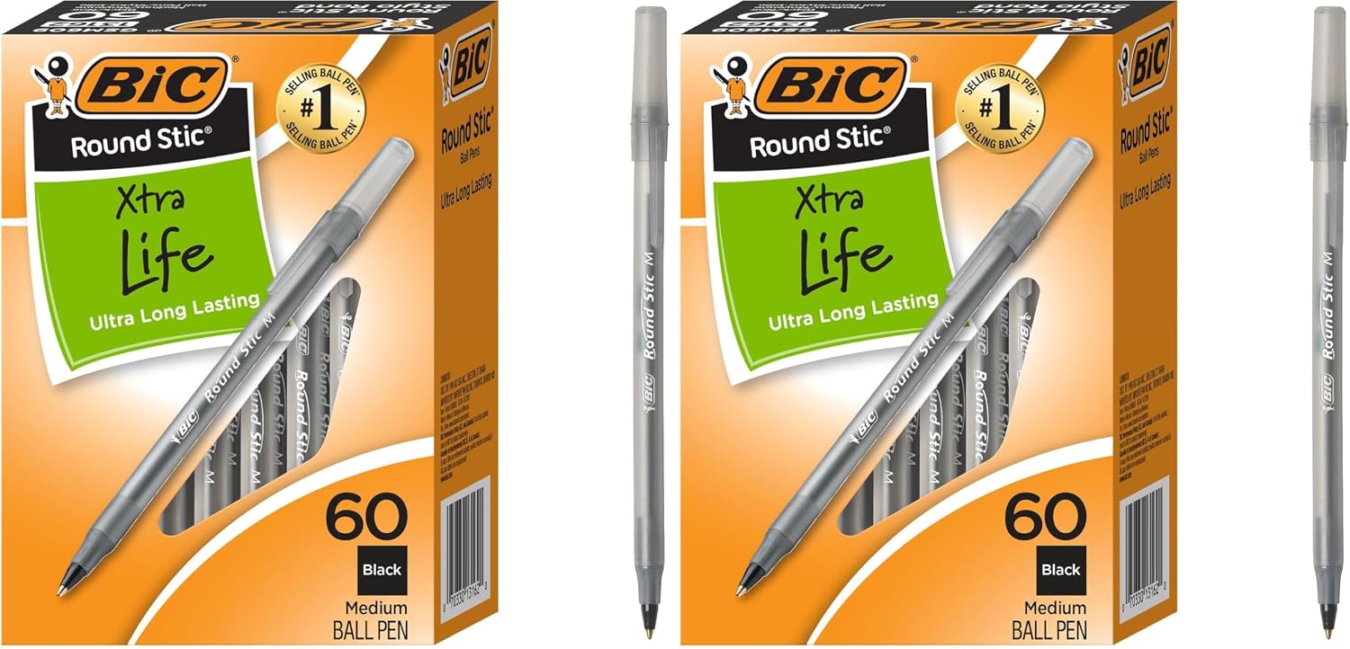 Round Stic Extra Life Long-Lasting Ink and Comfortable Grip Ballpoint Pen, 60-Count in Black Ink (Pack of 2)