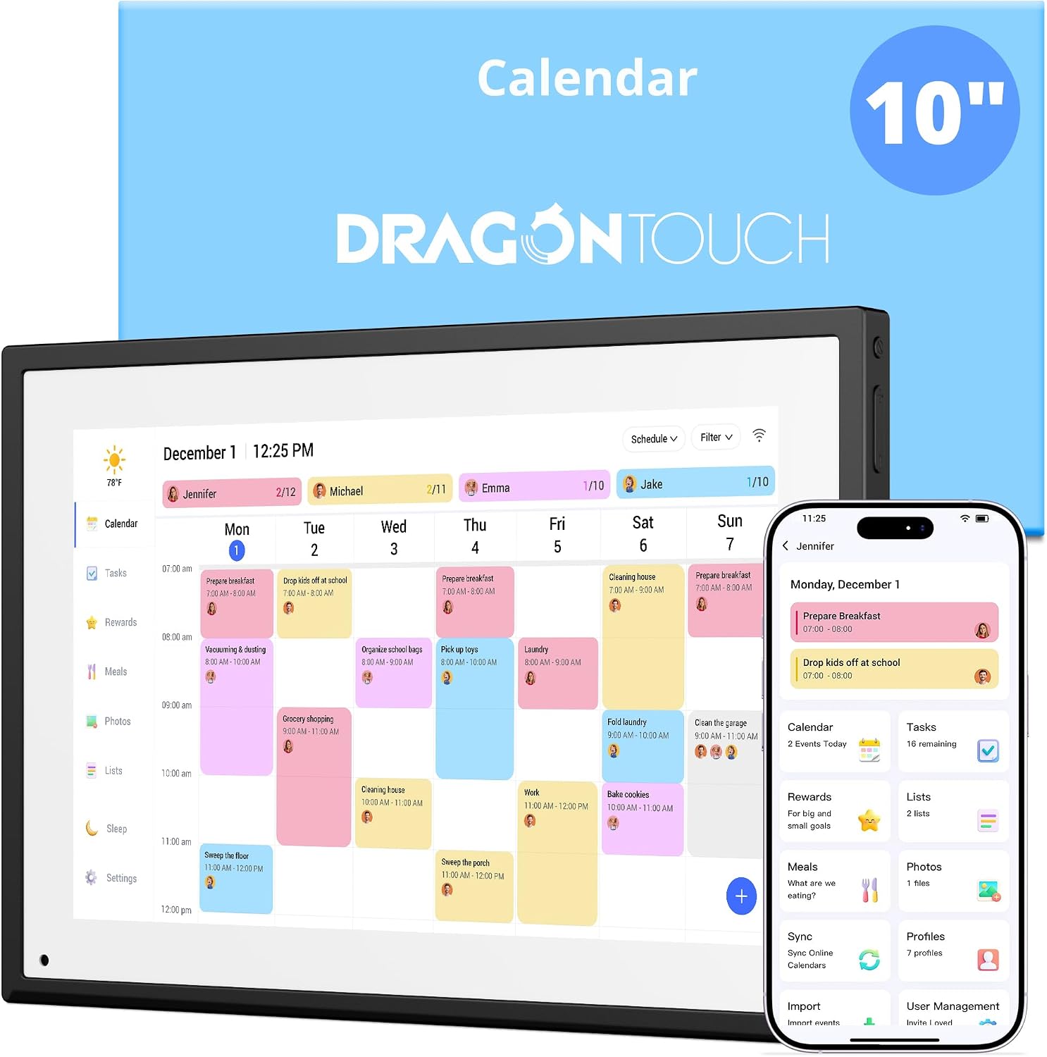 10.1" Digital Calendar Chore Chart, 1080P Full HD Interactive Touchscreen, 2026 Electronic Calendar Desk Mountable for Seamless Scheduling, Calendrier numerique Black