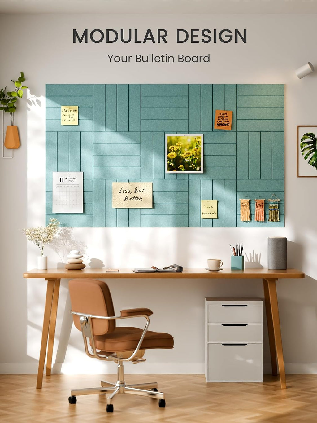 Large Felt Bulletin Board, 36" x 24" Cork Board Alternative, 6-Pack Bold Stripe Felt Wall Tiles with 30 Push Pins and 40 Adhesive Tabs, Ideal for Office, Home & Classroom, Teal Blue