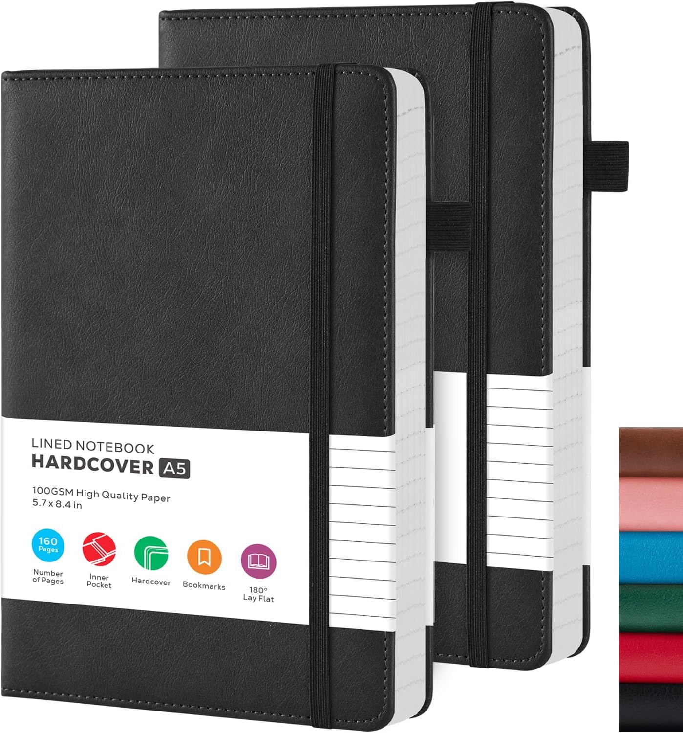 2 Pack Lined Journal Notebook, A5 (5.7"x8.4") Journaling Notebooks for Women Men Writing Work, Black Leather Hardcover, 160 Pages, 100GSM Paper, Daily Journal College Ruled, School Office Supplies