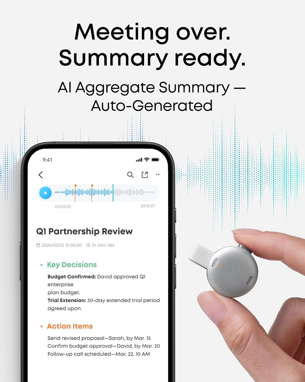 Work by Anker, Portable Al Voice Recorder, AI Note Taker, AI Transcription & Summarization, Cross-Meeting Summary, Double-Tap to Mark, MFi Certified, Privacy Protection