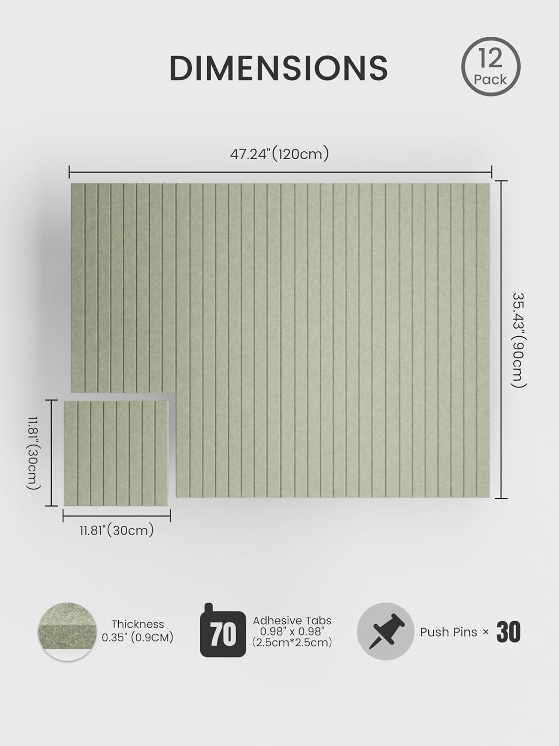 Large Cork Board Alternative - Slat Wall Paneling, Felt Bulletin Board Tiles for Office Decor, Push pin Board Office Wall Organizer -8 Vertical Stripes-12-Pack-Sage