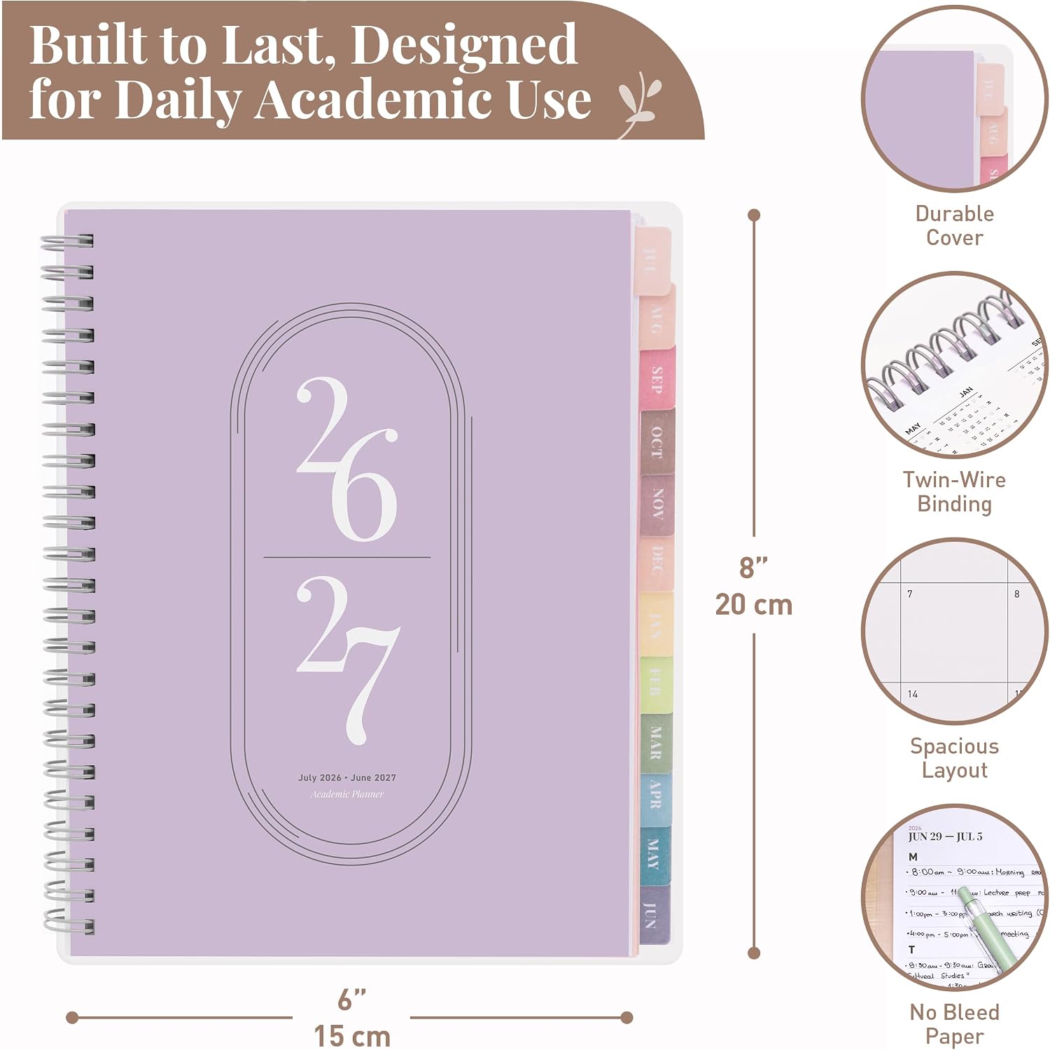 Rileys Academic Planner 2026-2027, Daily, Weekly & Monthly Planner, July 2026 - June 2027, Student Notes Pages, Twin-Wire Binding Weekly Agenda for School & Work (20 x 15 cm, Lilac)
