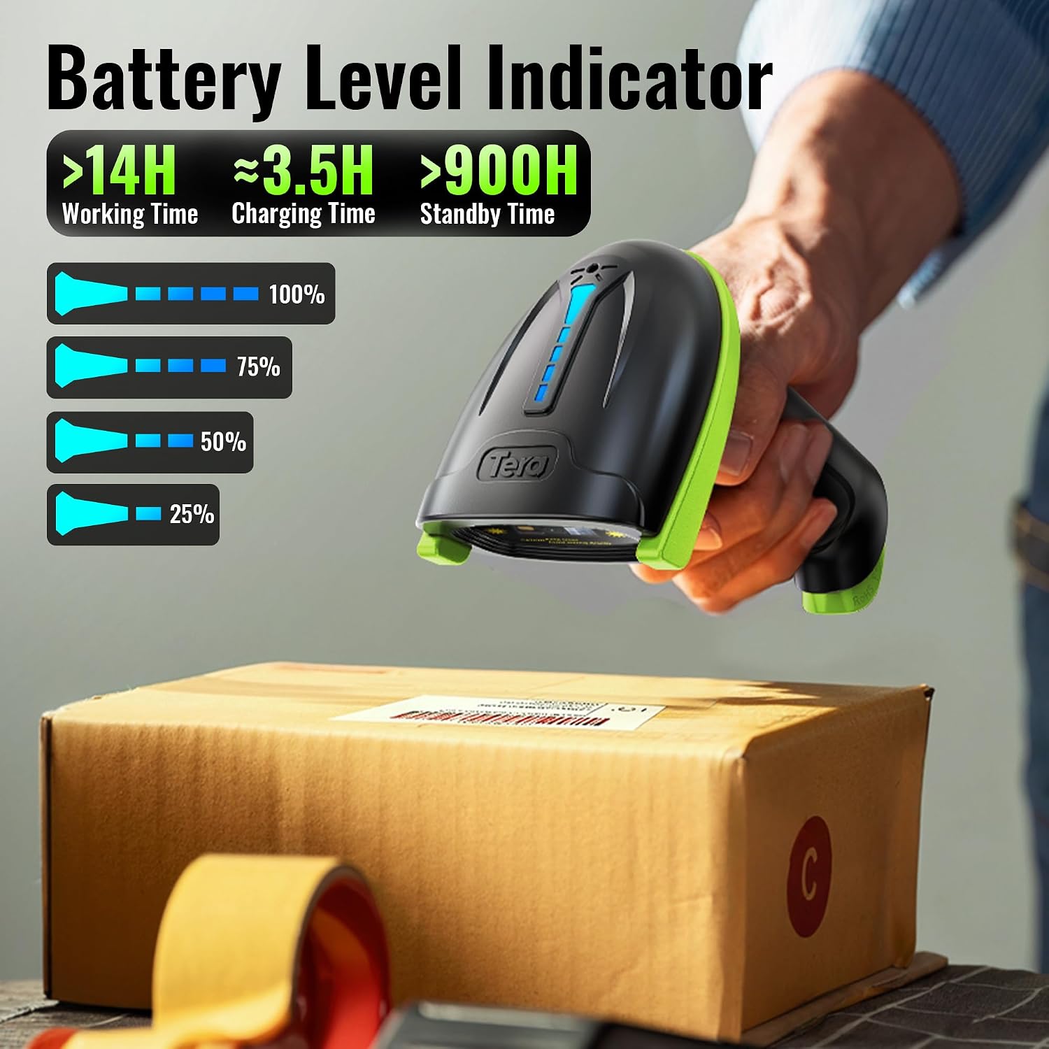 Barcode Scanner Wireless Versatile 2-in-1 (2.4Ghz Wireless+USB 2.0 Wired) with Battery Level Indicator 328 Feet Transmission Distance Rechargeable 1D Laser Bar Code Reader USB Handheld (Green)