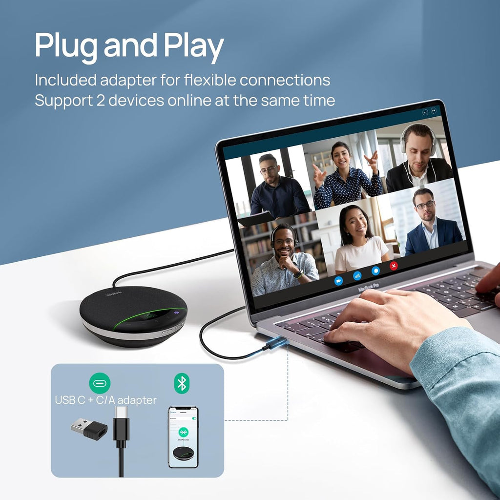 Bluetooth Speakerphone SP96 Support Daisy-Chain 26H Talk Time Teams Certified 65mm Conference Speaker and 6 Microphones Smart AI Noise-Canceling 5m Voice Pickup Radius 1.2m USB C/A 400g