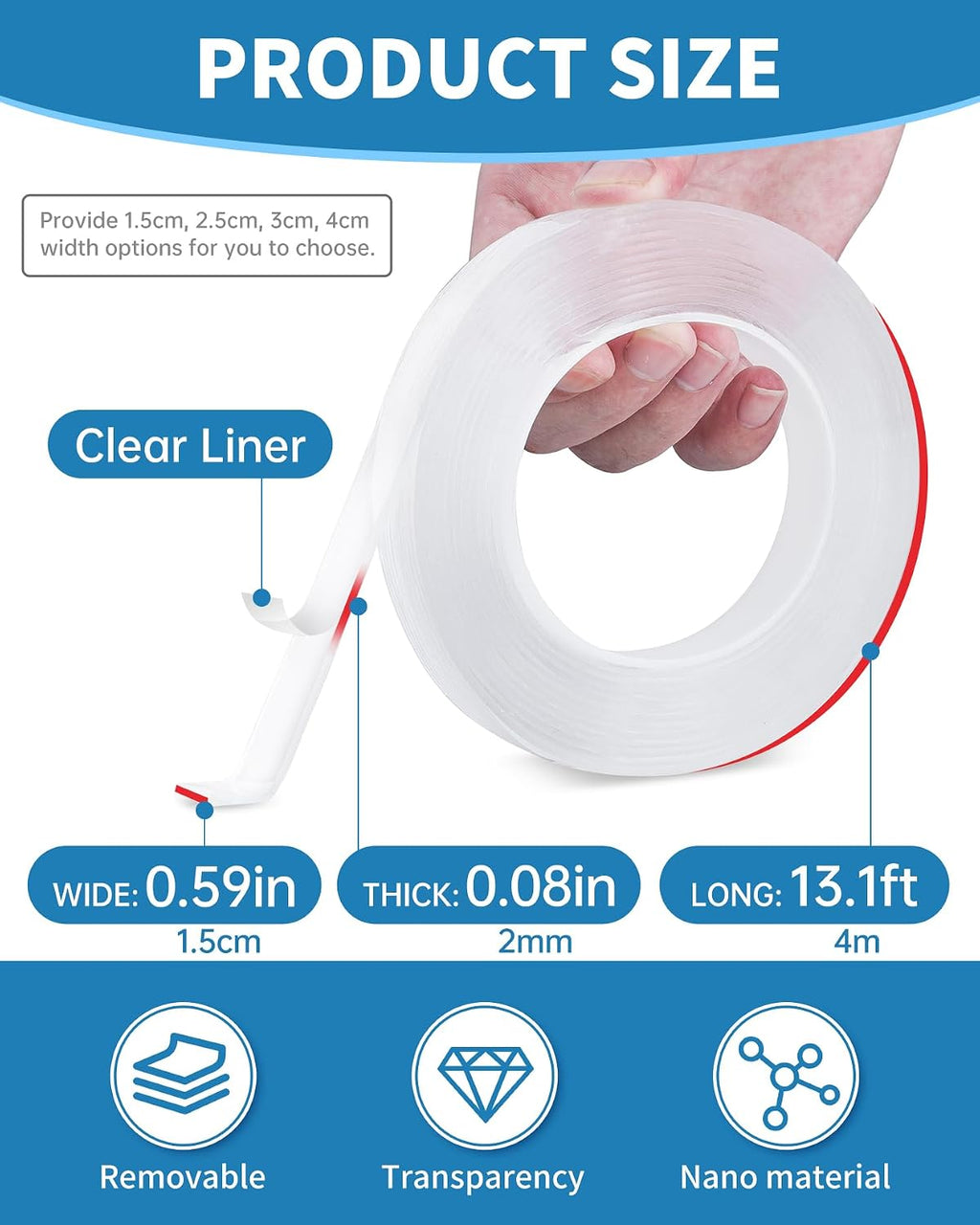 Double Sided Tape, 0.59in W x 16.4ft L, 2pcs | Heavy Duty, Strong Adhesive, Multipurpose Mounting, Removable and Reusable, Transparent