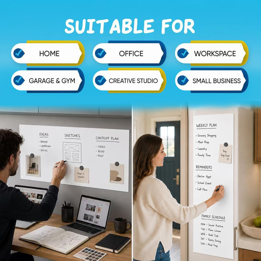Large Magnetic Whiteboard for Wall 100" x 48"(250x120 cm) Self Adhesive & No Ghosting Dry Erase Surface Ideal for Home Conference Room Office
