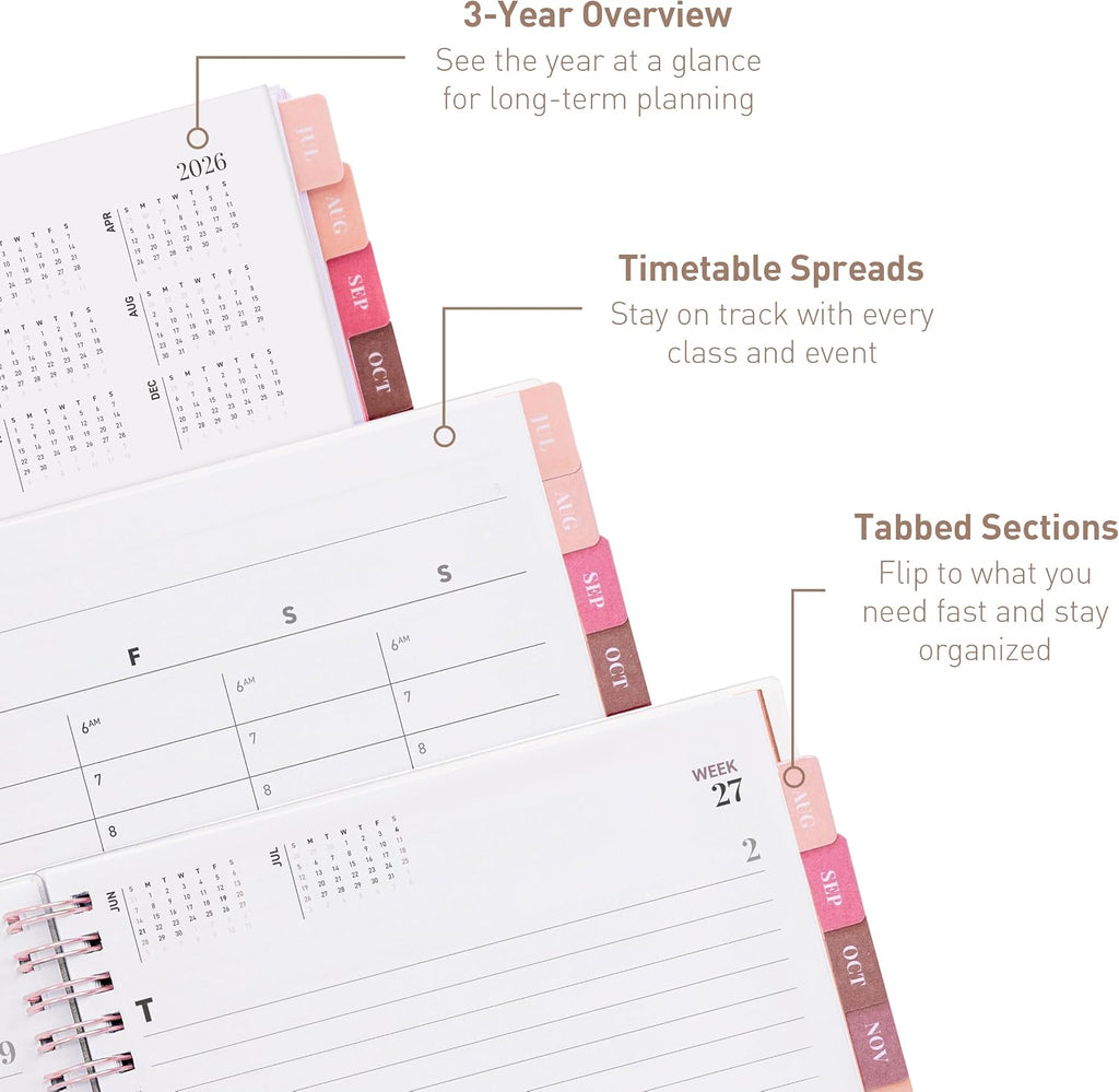 Rileys Academic Planner 2026-2027, Daily, Weekly & Monthly Planner, July 2026 - June 2027, Student Notes Pages, Twin-Wire Binding Weekly Agenda for School & Work (20 x 15 cm, Pink)