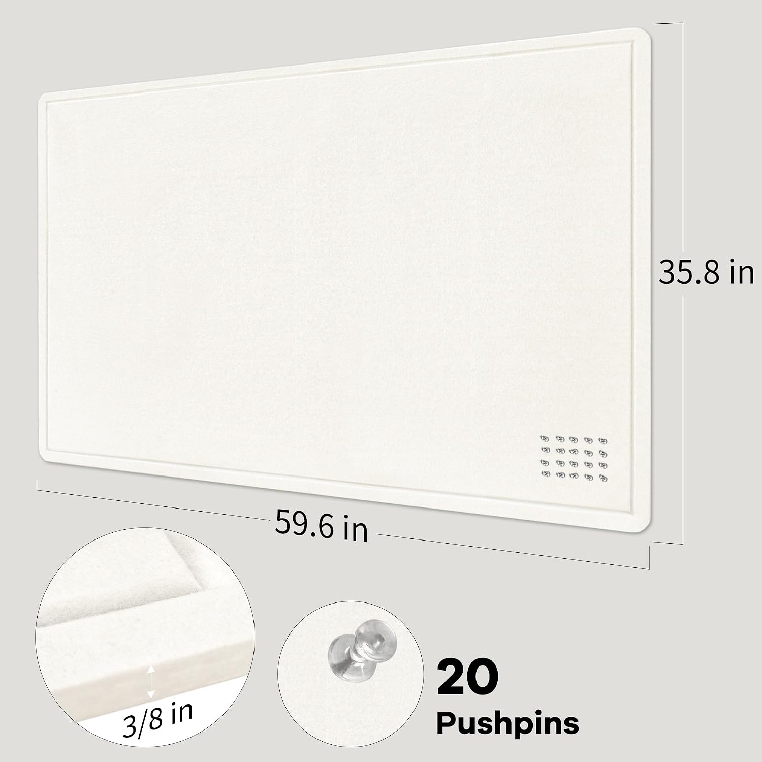 Large Bulletin Board - 60 x 36 Inches, Decorative Felt Pin Board for Wall - 5' x 3' Foldable Photo Display Board with Self-Adhesive Tape, Includes 20 Push Pins - White