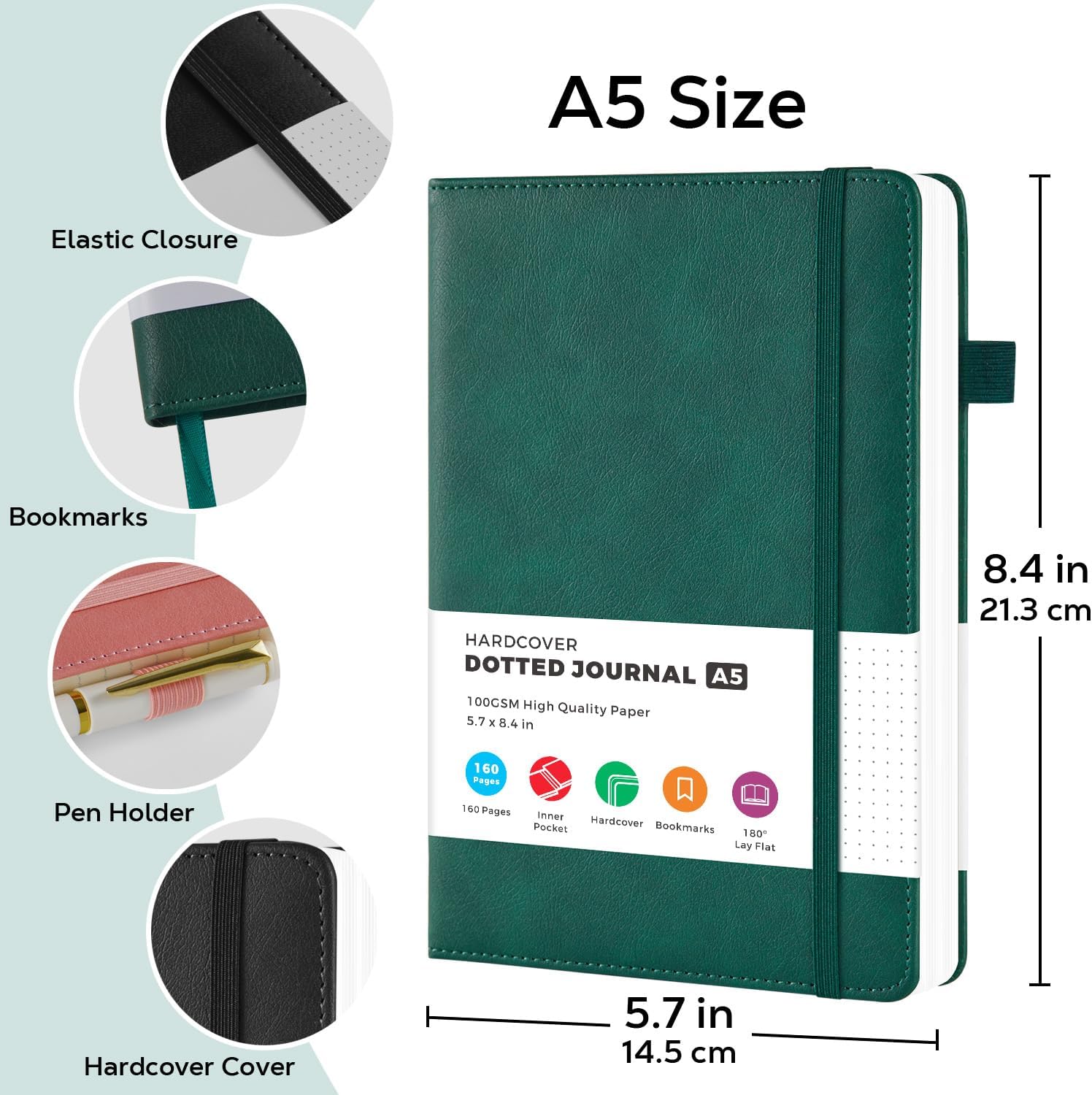 2 Pack Bullet Dotted Journal Notebook, Hardcover Leather A5 Dot Grid Notebook Journaling Supplies for Women/ Men Work Writing, 100GSM Thick Paper, No Bleed, Inner Pocket, Green Black, 5.7" x 8.4"