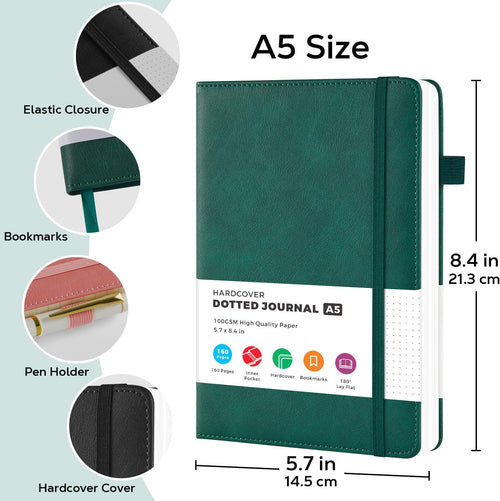 2 Pack Bullet Dotted Journal Notebook, Hardcover Leather A5 Dot Grid Notebook Journaling Supplies for Women/ Men Work Writing, 100GSM Thick Paper, No Bleed, Inner Pocket, Green Black, 5.7" x 8.4"