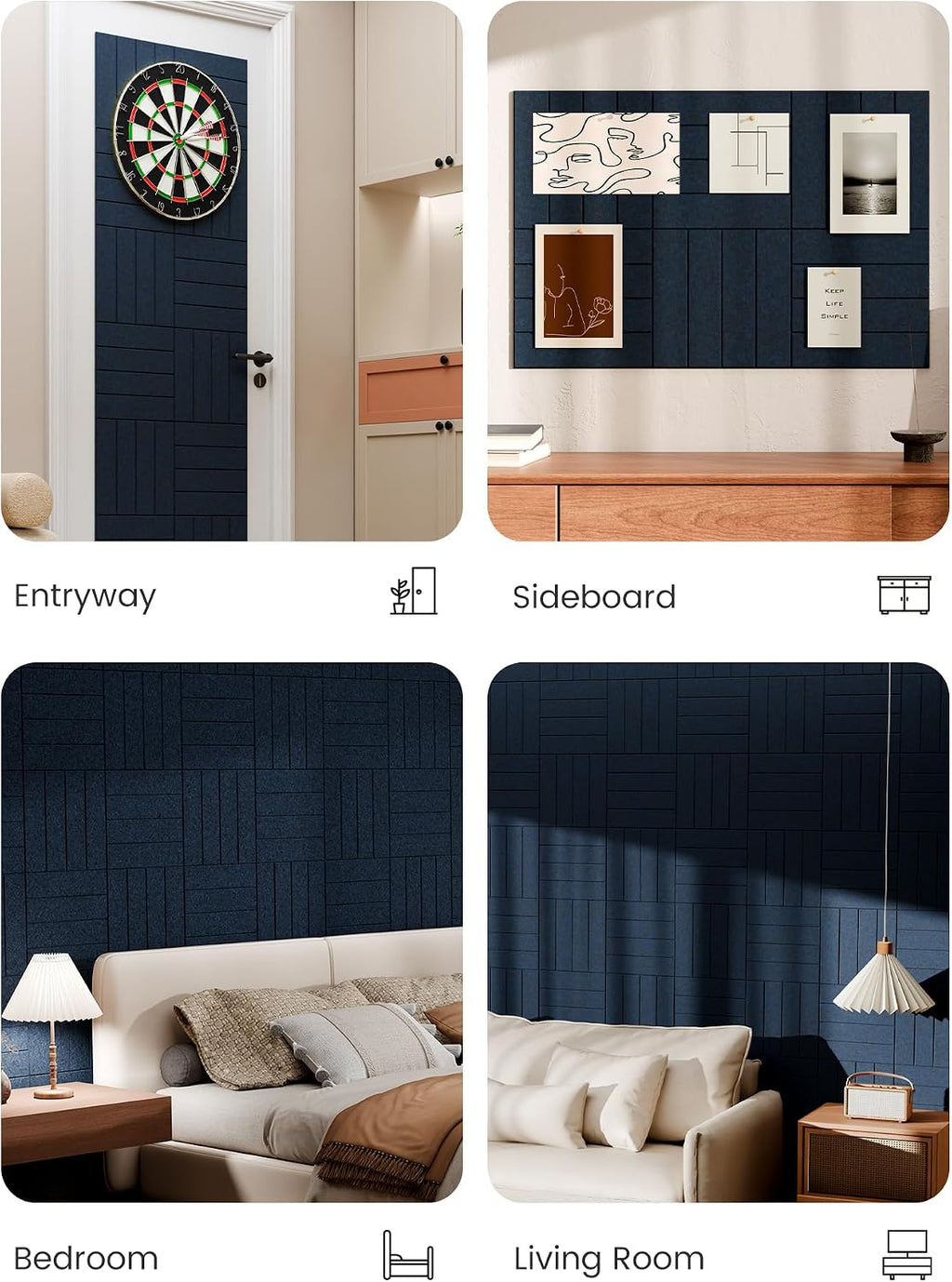 Large Felt Bulletin Board, 36" x 24" Cork Board Alternative, 6-Pack Bold Stripe Felt Wall Tiles with 30 Push Pins and 40 Adhesive Tabs, Ideal for Office, Home & Classroom, Carbon Blue
