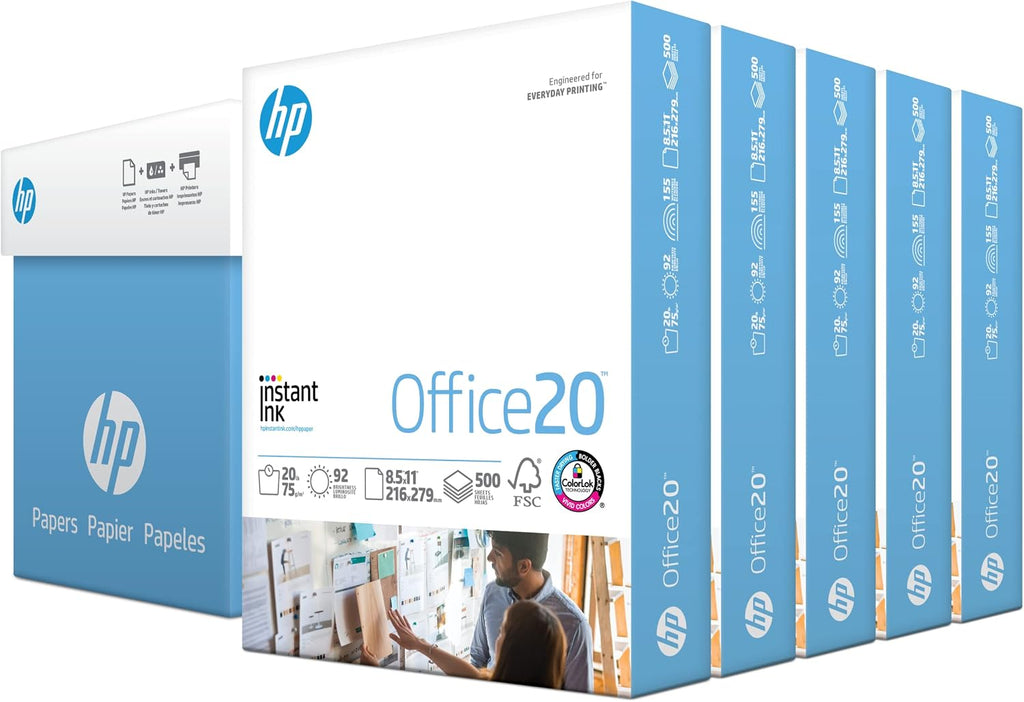 HP Printer Paper 8.5x11 Office 20 lb 5 Ream Case 2500 Sheets 92 Bright Made in USA FSC Certified Copy Paper HP Compatible 112150C