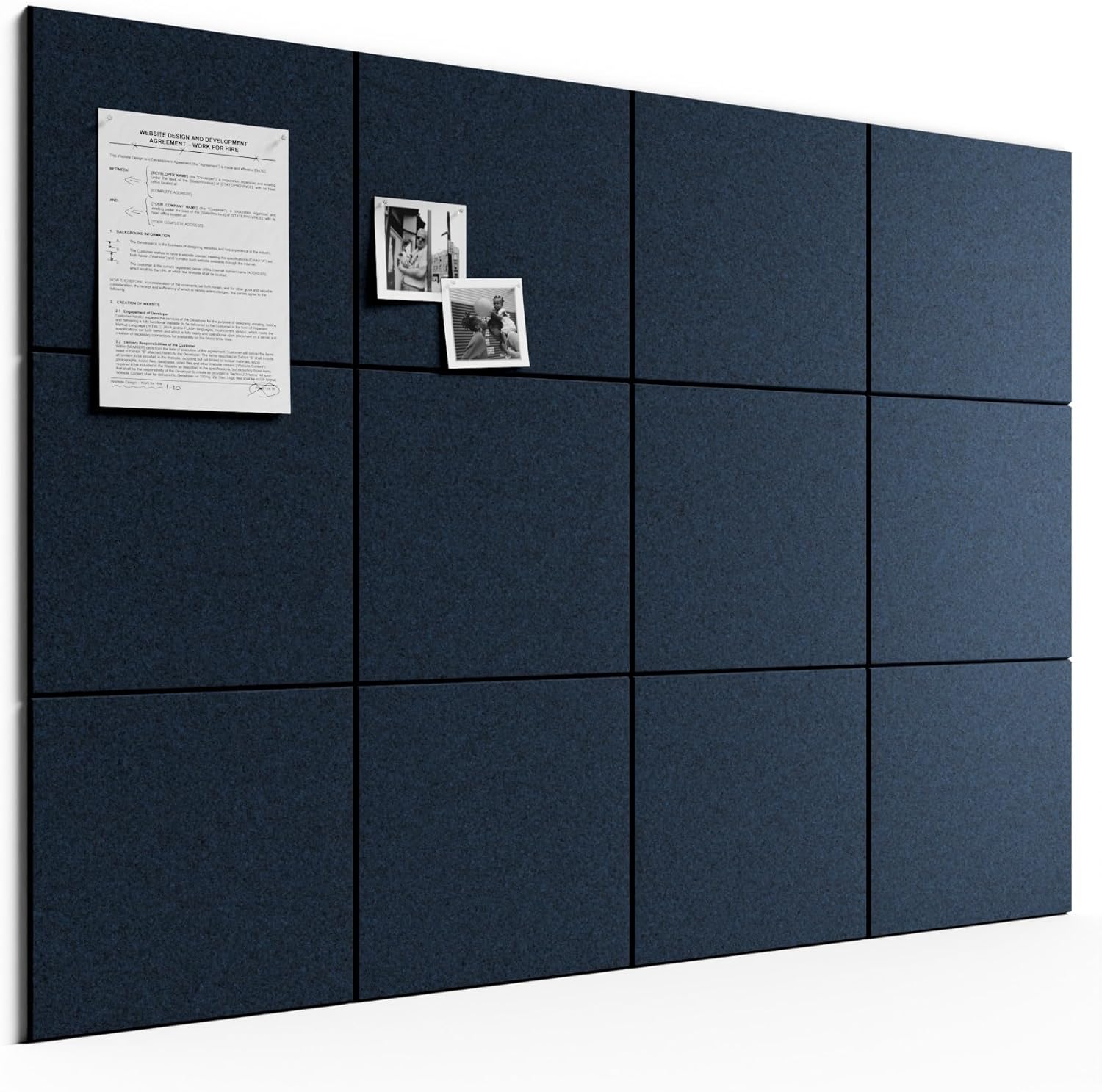 Large Felt Bulletin Board, 48" x 36" Cork Board Alternative, 12-Pack Solid Felt Wall Tiles with 30 Push Pins and 70 Adhesive Tabs, Ideal for Office, Home & Classroom, Carbon Blue