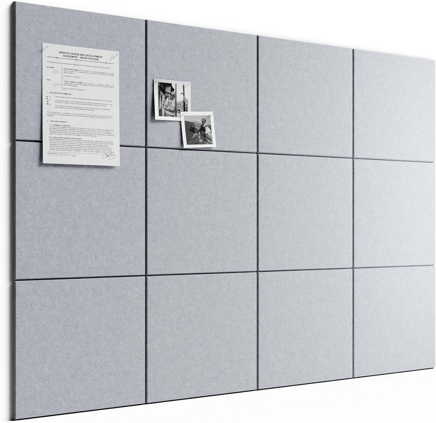 Large Felt Bulletin Board, 48" x 36" Cork Board Alternative, 12-Pack Solid Felt Wall Tiles with 30 Push Pins and 70 Adhesive Tabs, Ideal for Office, Home & Classroom, Soft Gray