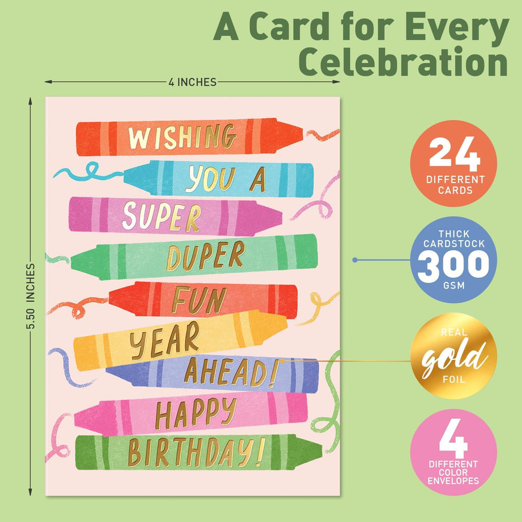 Happy Birthday Cards with Envelopes & Assortment Box. Variety Set of 24 Assorted Birthday Cards with Envelopes, Perfect Bulk Pack for Celebrations, Special Occasions, Friends-4x5.5"